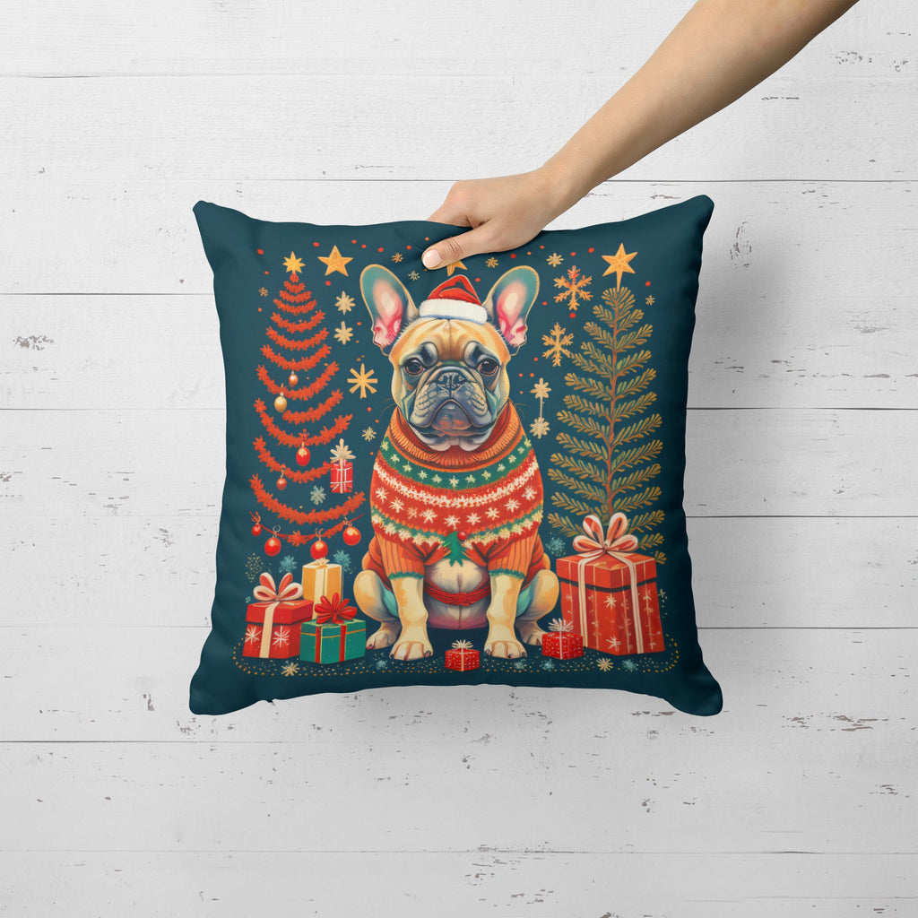Fawn French Bulldog Christmas Decorative Throw Pillow 14x14 Indoor Outdoor Accent Cushion, Fabric Cover with Insert for Sofa, Bed, Porch & Living Room