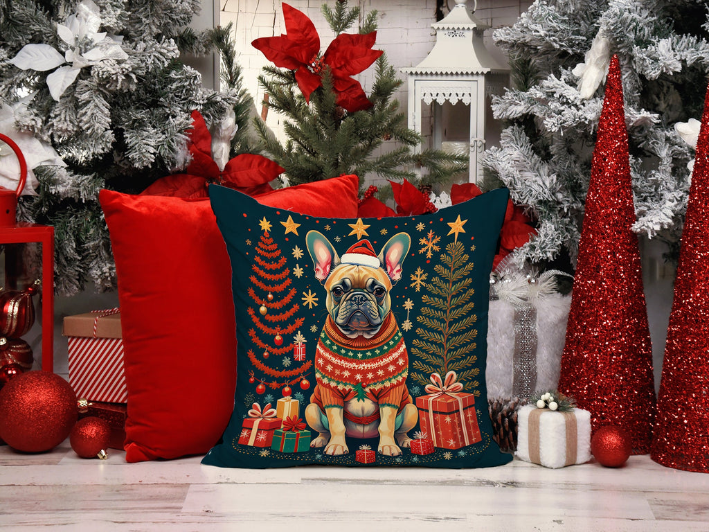 Fawn French Bulldog Christmas Decorative Throw Pillow 14x14 Indoor Outdoor Accent Cushion, Fabric Cover with Insert for Sofa, Bed, Porch & Living Room
