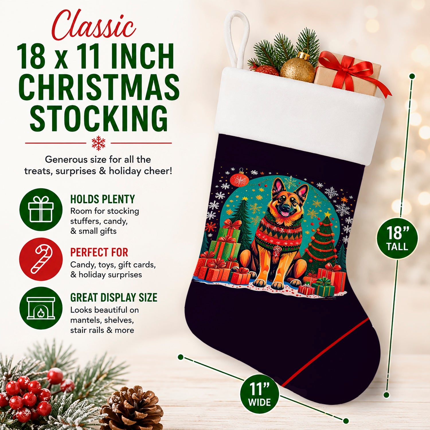 German Shepherd Christmas Holiday Stocking Double-Sided Print, Polyester Suede,11x18, Made in USA