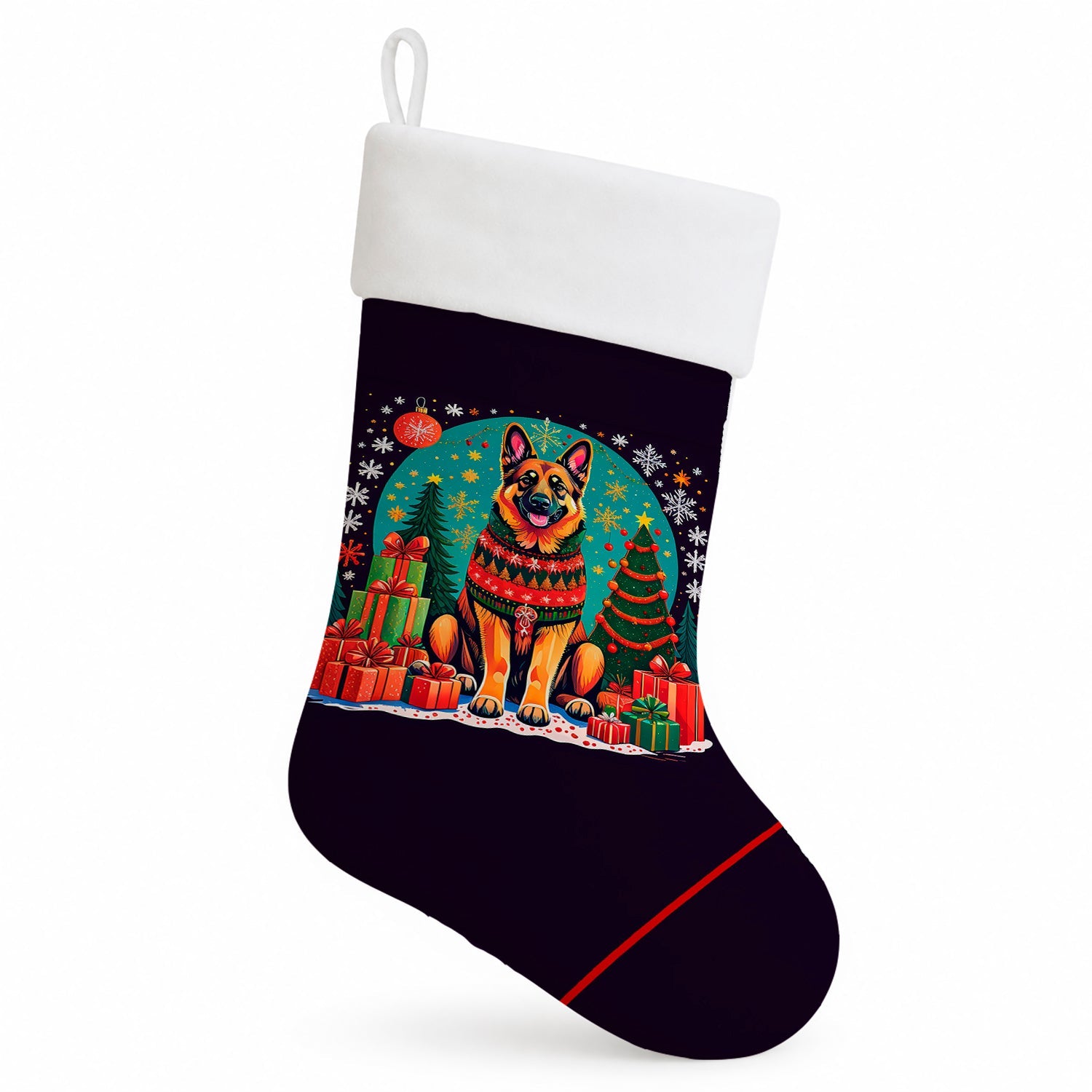 German Shepherd Christmas Holiday Stocking Double-Sided Print, Polyester Suede,11x18, Made in USA