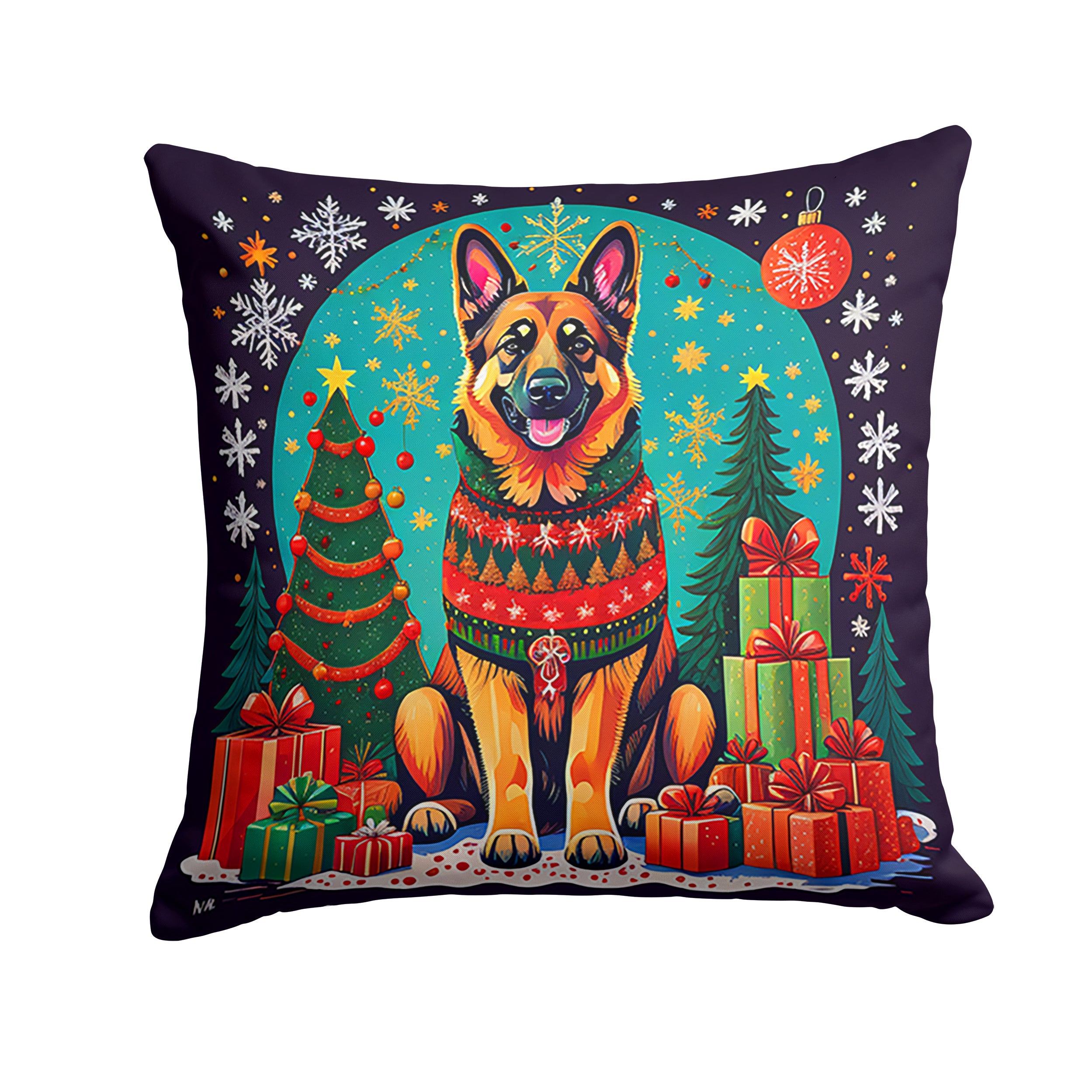 German Shepherd Christmas Decorative Throw Pillow 14x14 Indoor Outdoor Accent Cushion, Fabric Cover with Insert for Sofa, Bed, Porch & Living Room
