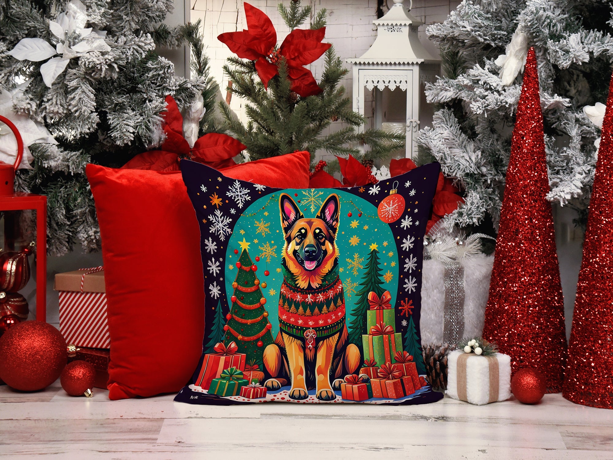 German Shepherd Christmas Decorative Throw Pillow 18x18 Indoor Outdoor Accent Cushion, Fabric Cover with Insert for Sofa, Bed, Porch & Living Room