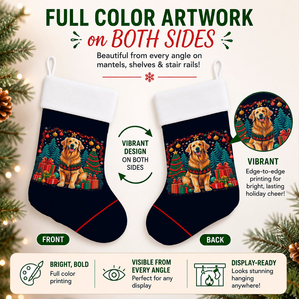 Golden Retriever Christmas Holiday Stocking Double-Sided Print, Polyester Suede,11x18, Made in USA
