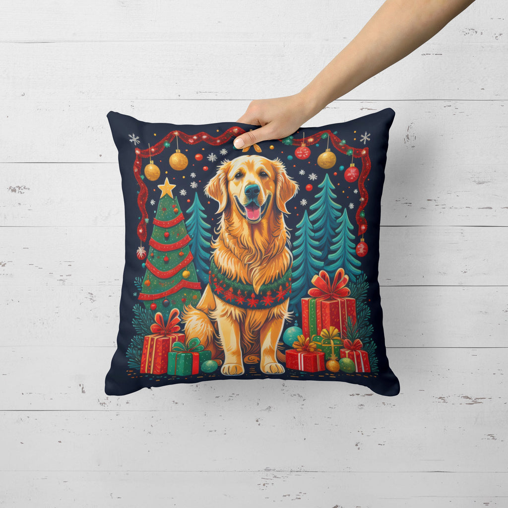 Golden Retriever Christmas Decorative Throw Pillow 14x14 Indoor Outdoor Accent Cushion, Fabric Cover with Insert for Sofa, Bed, Porch & Living Room
