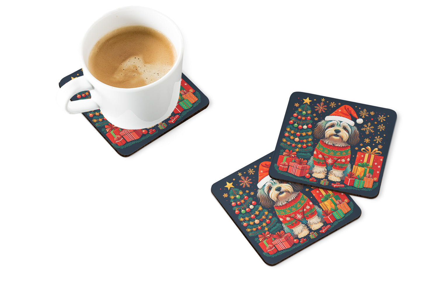 Havanese Christmas Foam Coasters Set of 4 Cup Coasters for Indoor Outdoor, Tabletop Protection, Anti Slip, Mouse pad Material