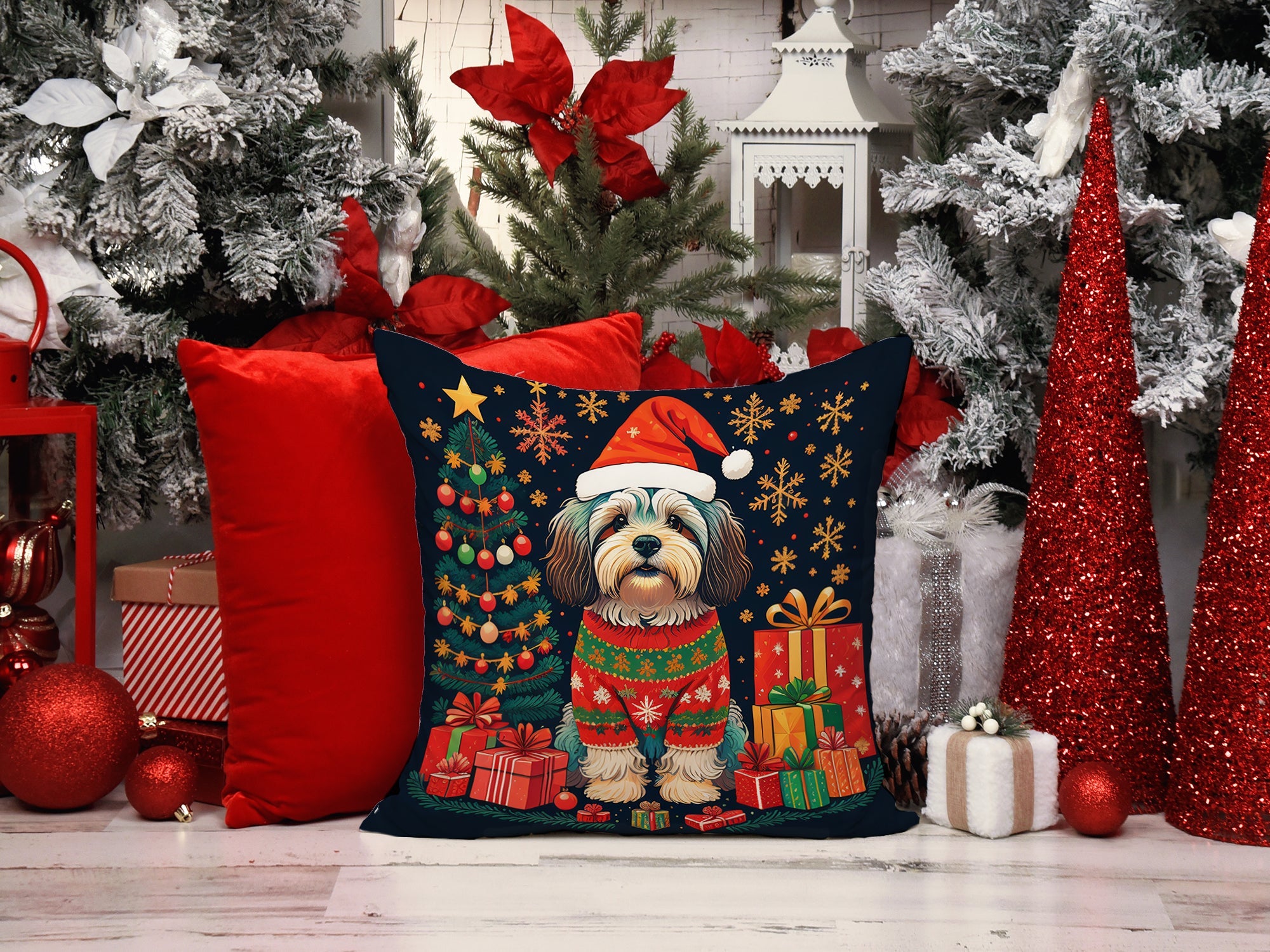Havanese Christmas Decorative Throw Pillow 18x18 Indoor Outdoor Accent Cushion, Fabric Cover with Insert for Sofa, Bed, Porch & Living Room