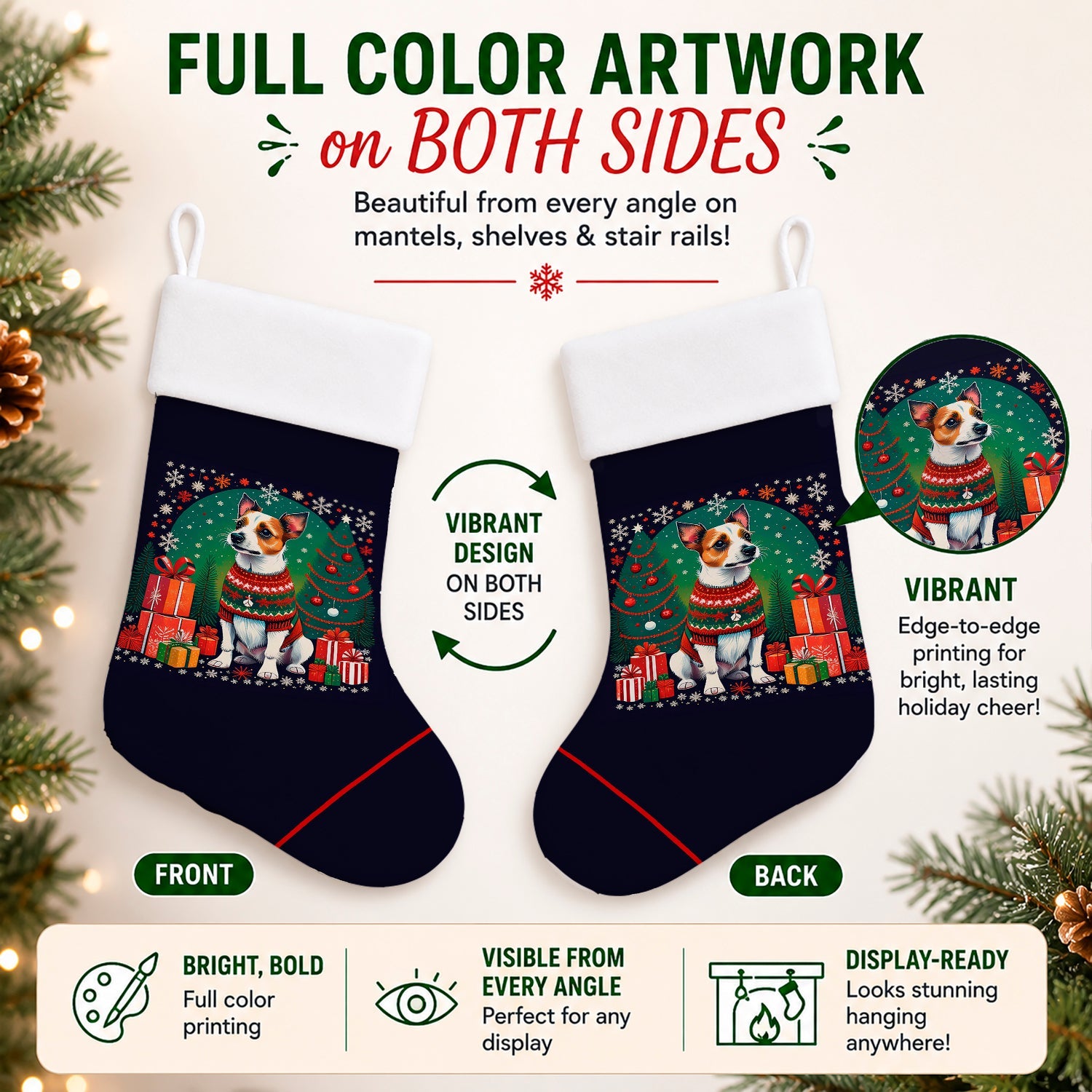 Jack Russell Terrier Christmas Holiday Stocking Double-Sided Print, Polyester Suede,11x18, Made in USA
