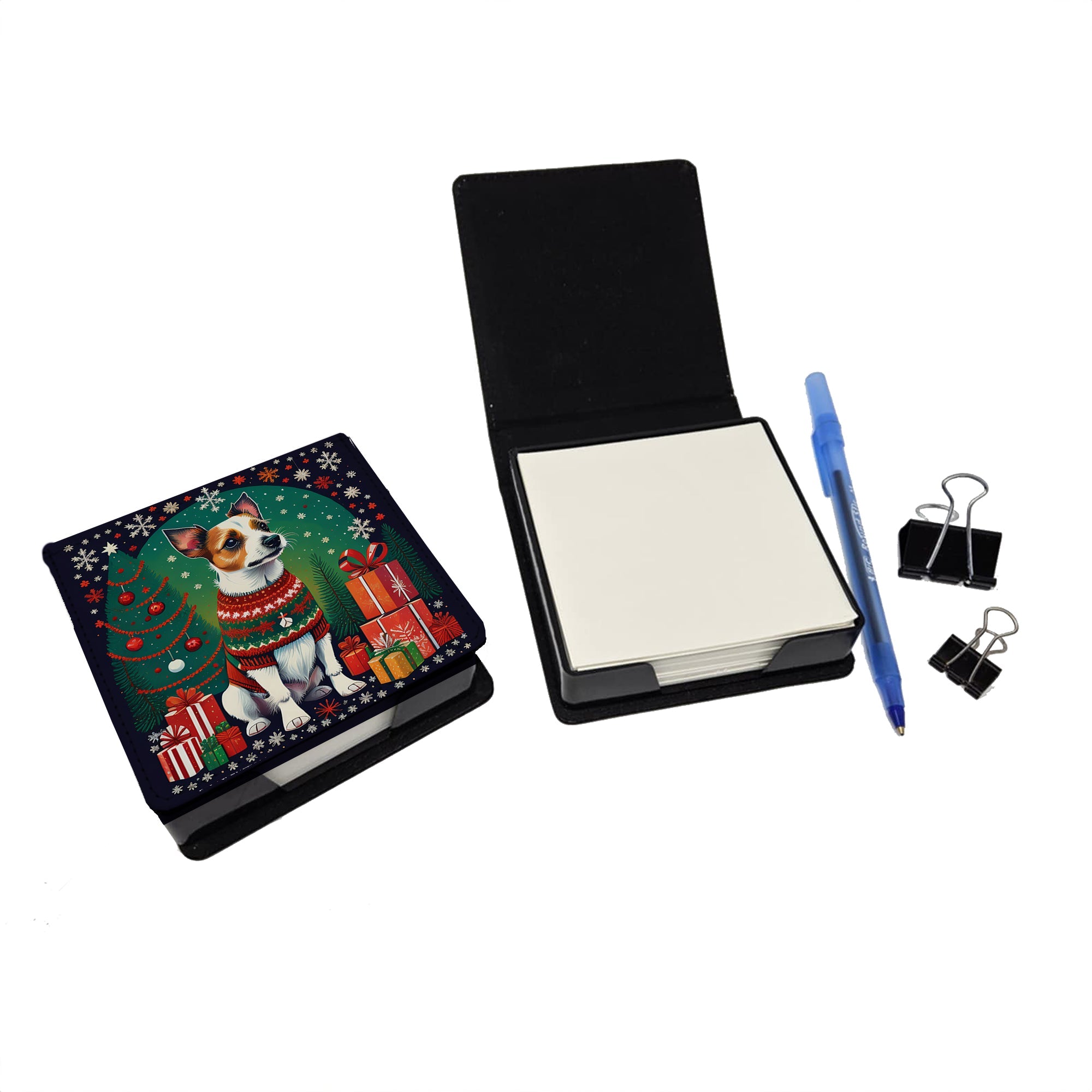 Jack Russell Terrier Christmas PU Leather Note Paper Holder with Artist-Designed Cover, Desk Accessory, Office Gift