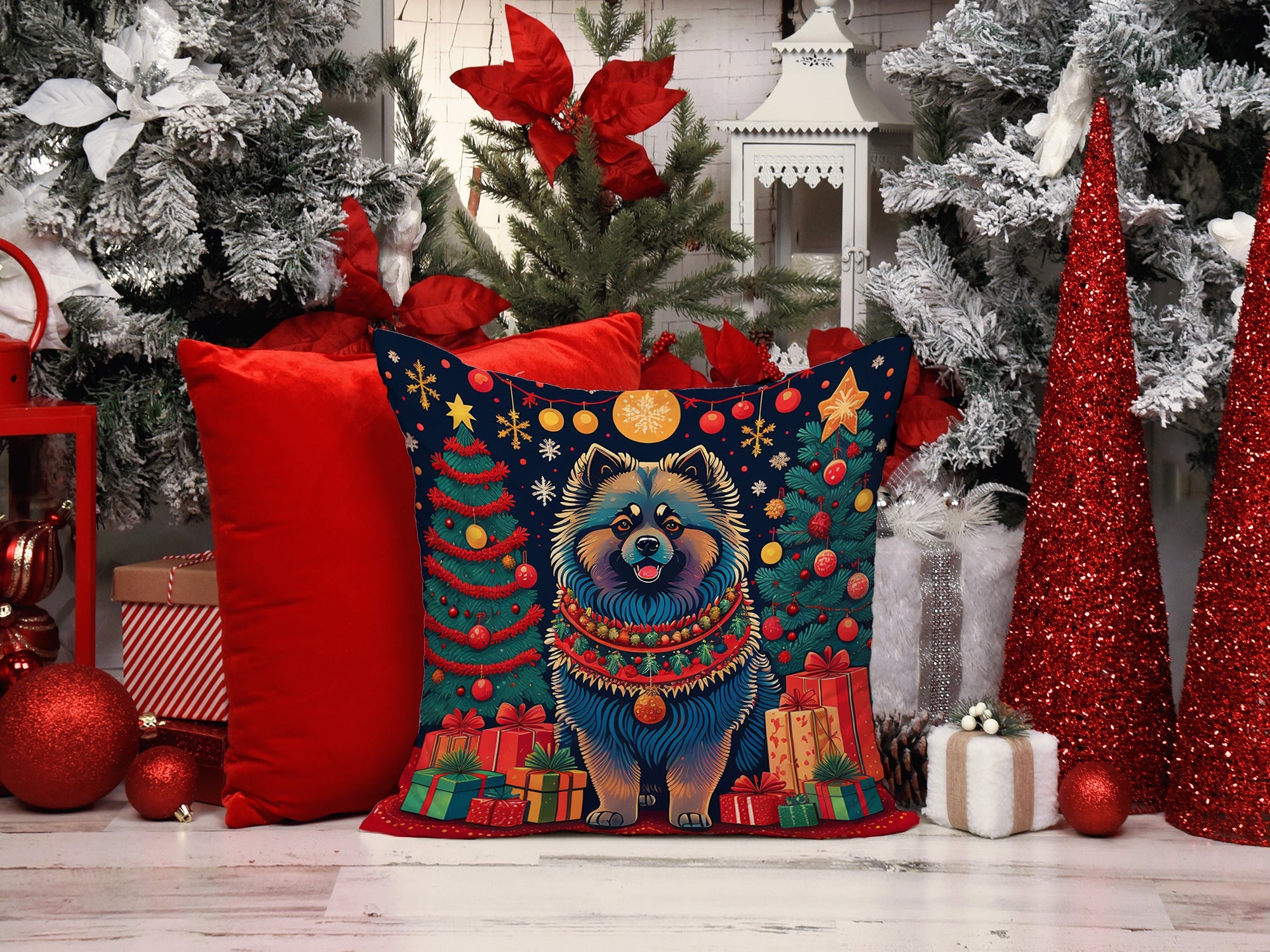 Keeshond Christmas Decorative Throw Pillow 18x18 Indoor Outdoor Accent Cushion, Fabric Cover with Insert for Sofa, Bed, Porch & Living Room