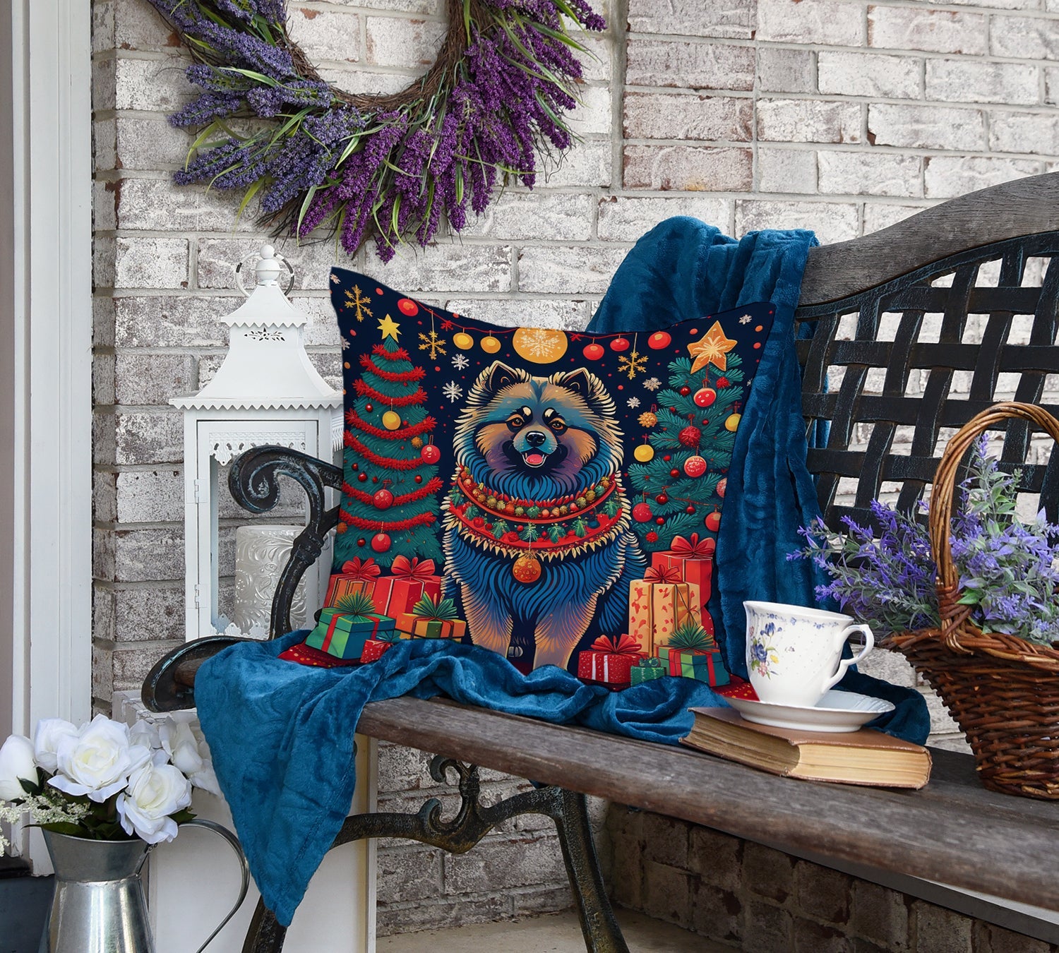 Keeshond Christmas Decorative Throw Pillow 18x18 Indoor Outdoor Accent Cushion, Fabric Cover with Insert for Sofa, Bed, Porch & Living Room