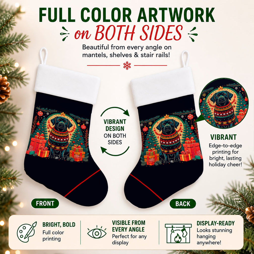 Black Labrador Retriever Christmas Holiday Stocking Double-Sided Print, Polyester Suede,11x18, Made in USA