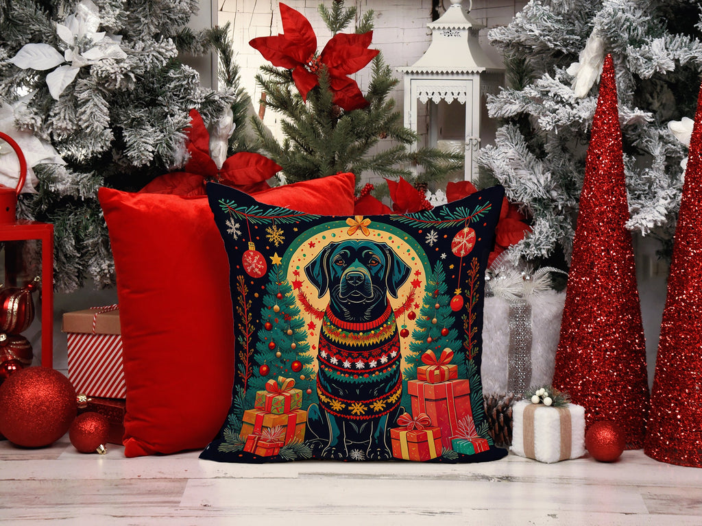 Black Labrador Retriever Christmas Decorative Throw Pillow 14x14 Indoor Outdoor Accent Cushion, Fabric Cover with Insert for Sofa, Bed, Porch & Living Room