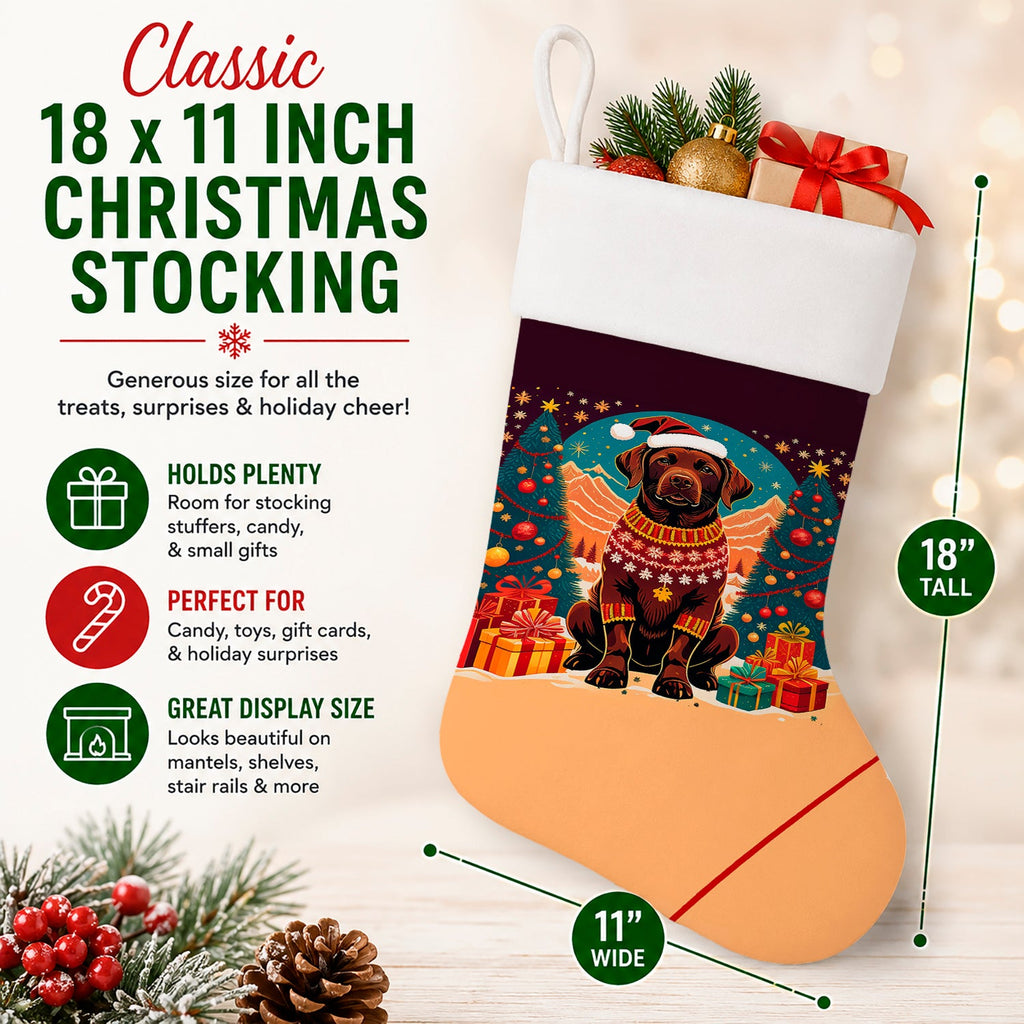 Chocolate Labrador Retriever Christmas Holiday Stocking Double-Sided Print, Polyester Suede,11x18, Made in USA