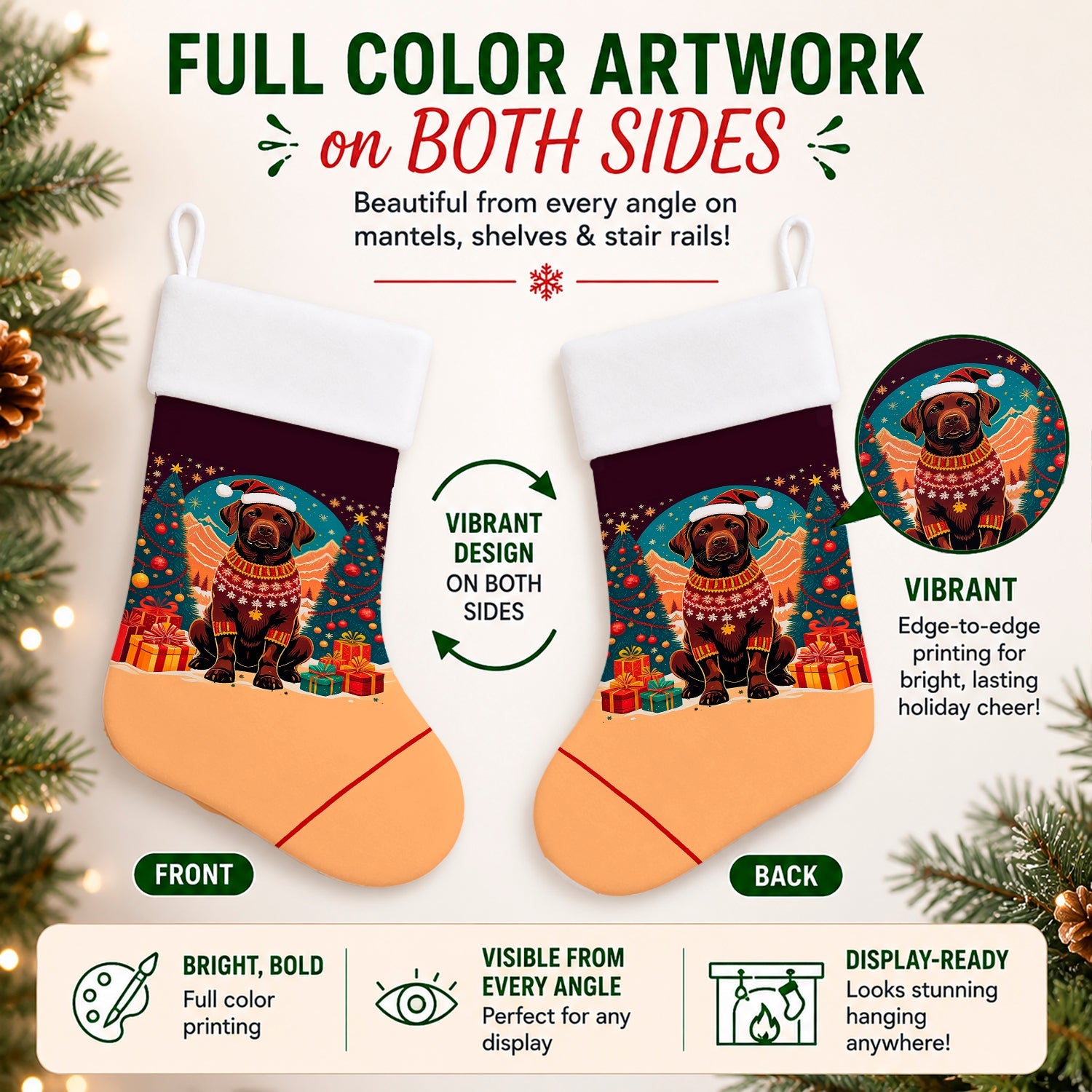 Chocolate Labrador Retriever Christmas Holiday Stocking Double-Sided Print, Polyester Suede,11x18, Made in USA