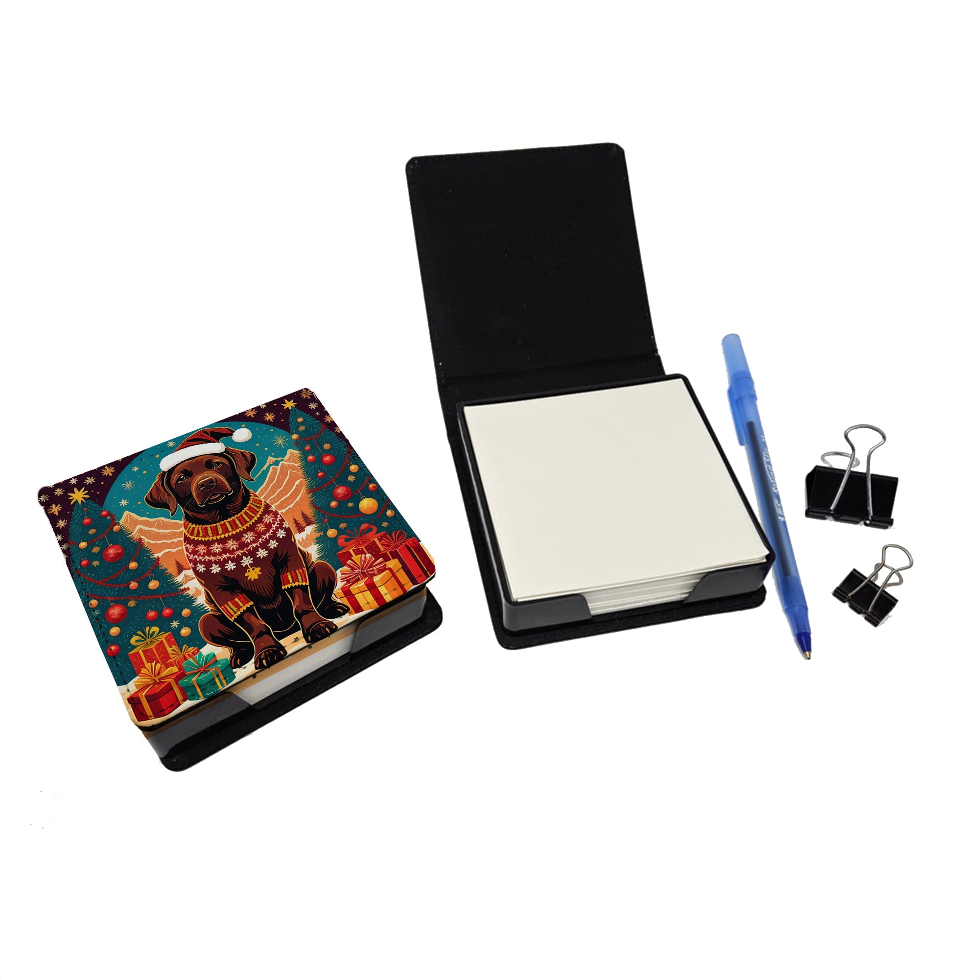 Chocolate Labrador Retriever Christmas PU Leather Note Paper Holder with Artist-Designed Cover, Desk Accessory, Office Gift