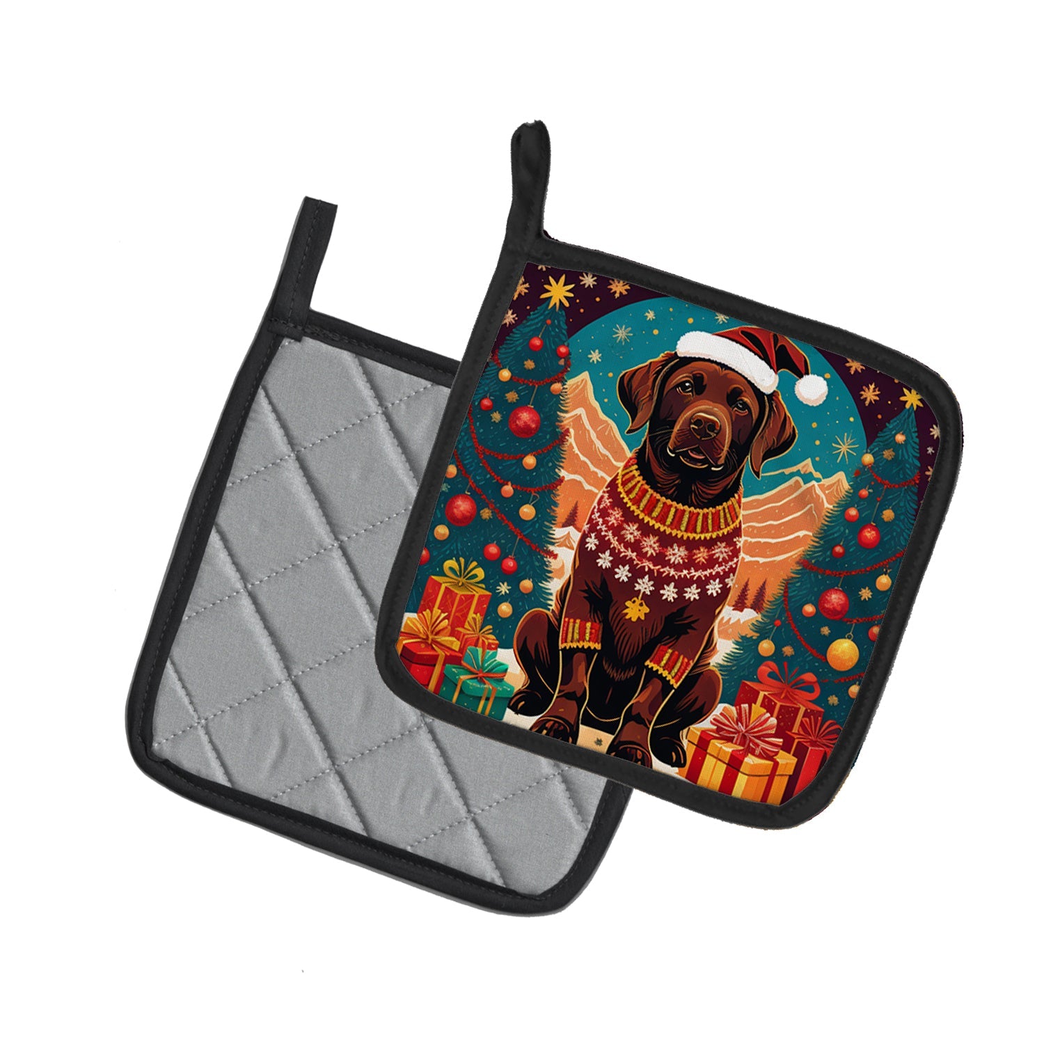 Chocolate Labrador Retriever Christmas Pot Holder Set of 2 Heat Resistant Quilted Hot Pads 7.5 x 7.5 Inch, Insulated Kitchen Trivets for Cooking & Baking