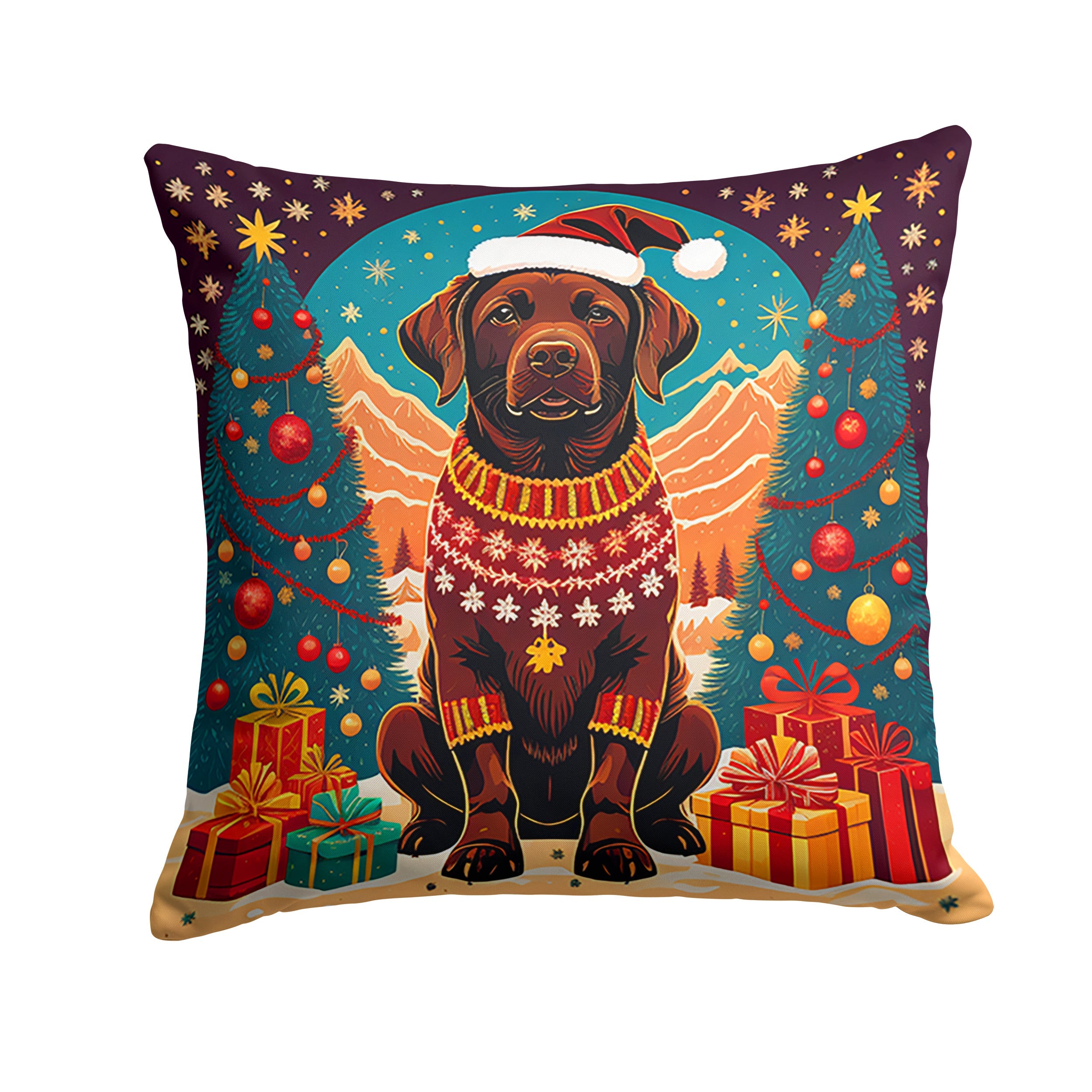 Chocolate Labrador Retriever Christmas Decorative Throw Pillow 14x14 Indoor Outdoor Accent Cushion, Fabric Cover with Insert for Sofa, Bed, Porch & Living Room