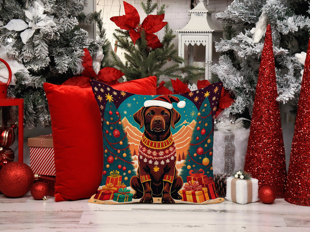Chocolate Labrador Retriever Christmas Decorative Throw Pillow 14x14 Indoor Outdoor Accent Cushion, Fabric Cover with Insert for Sofa, Bed, Porch & Living Room