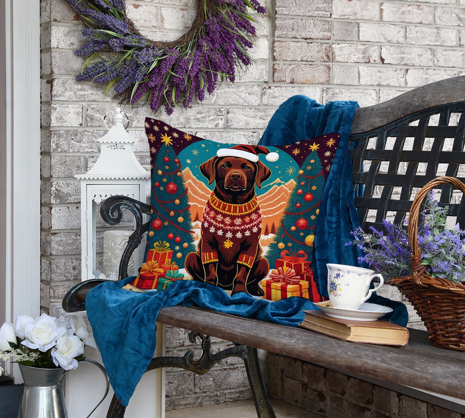 Chocolate Labrador Retriever Christmas Decorative Throw Pillow 18x18 Indoor Outdoor Accent Cushion, Fabric Cover with Insert for Sofa, Bed, Porch & Living Room
