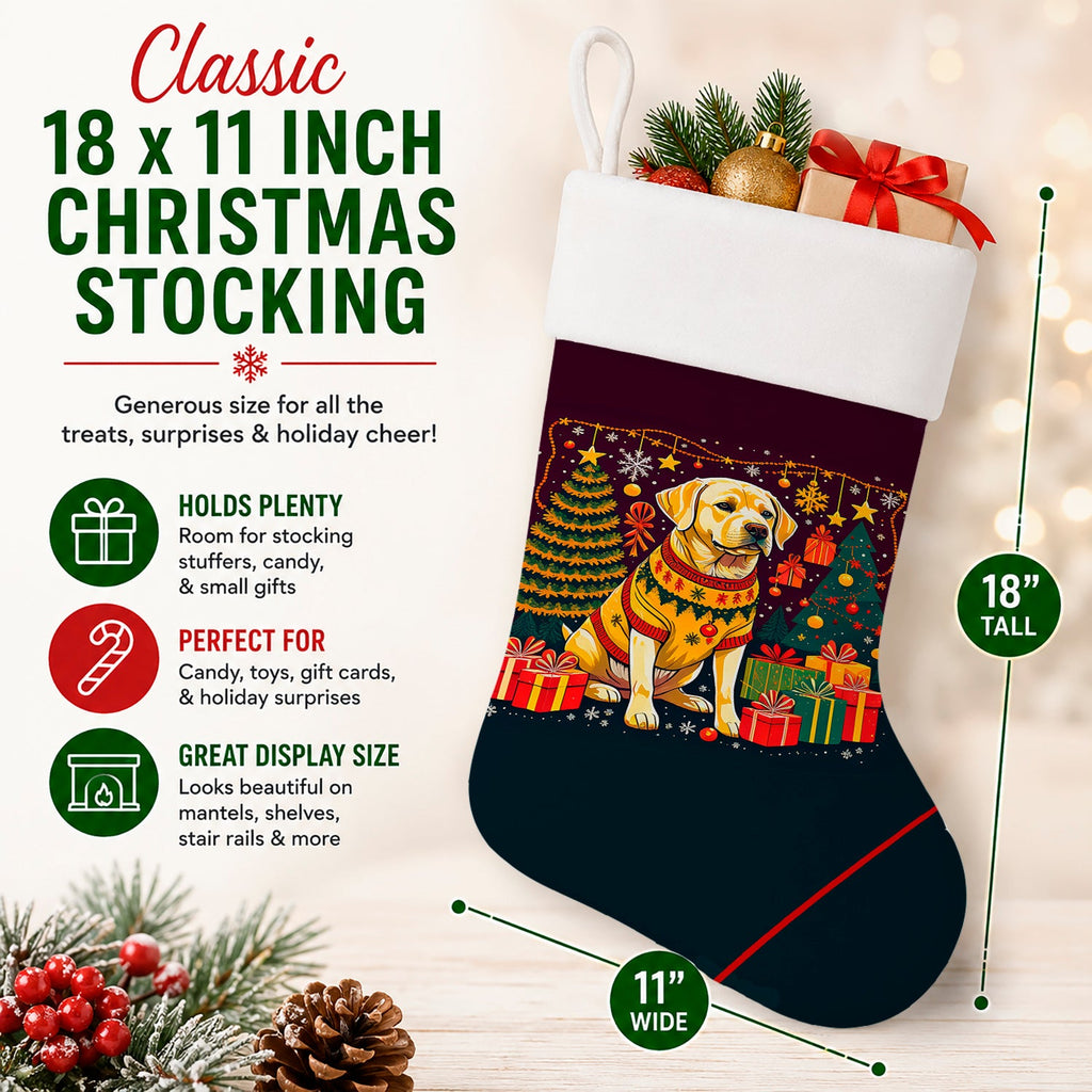 Yellow Labrador Retriever Christmas Holiday Stocking Double-Sided Print, Polyester Suede,11x18, Made in USA