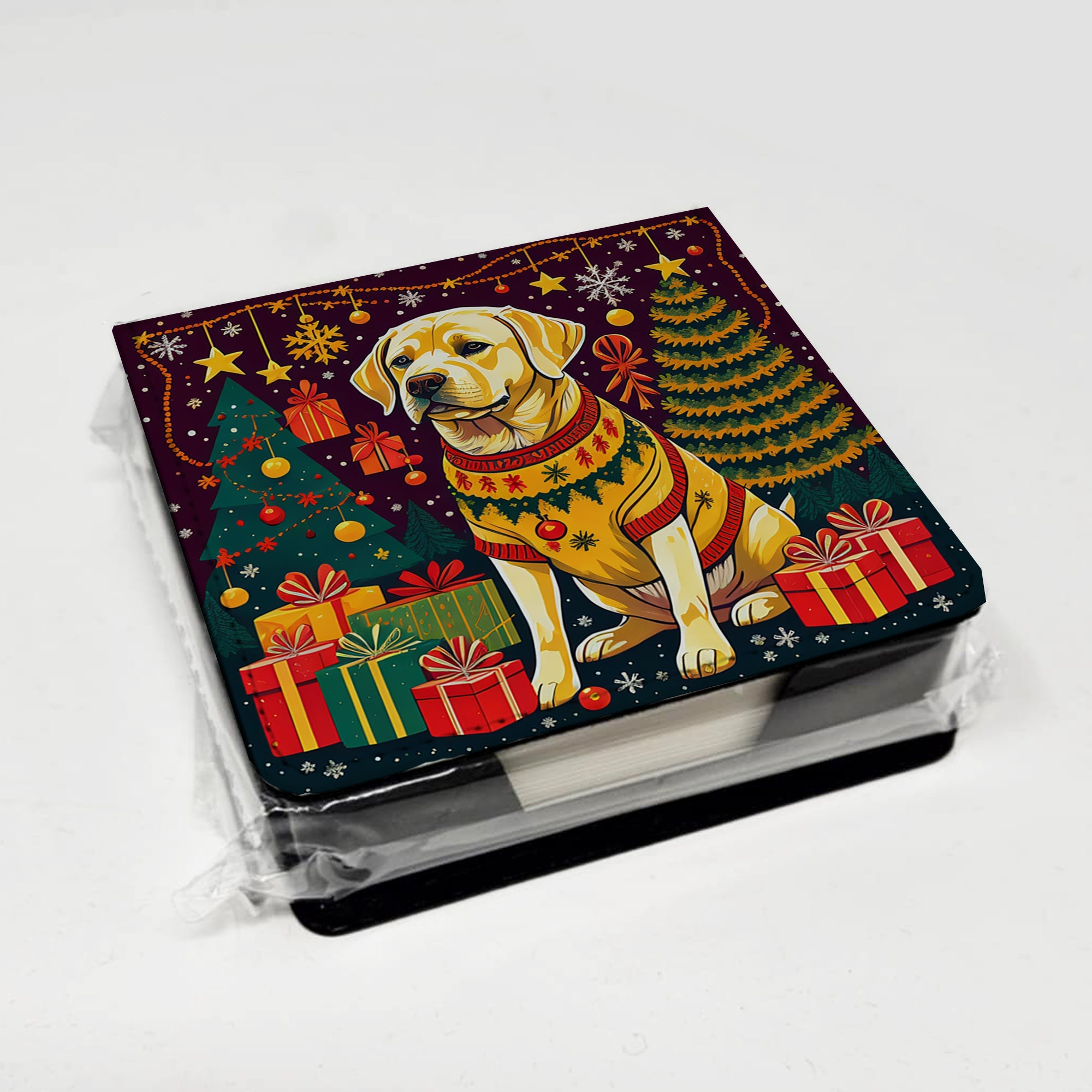 Yellow Labrador Retriever Christmas PU Leather Note Paper Holder with Artist-Designed Cover, Desk Accessory, Office Gift