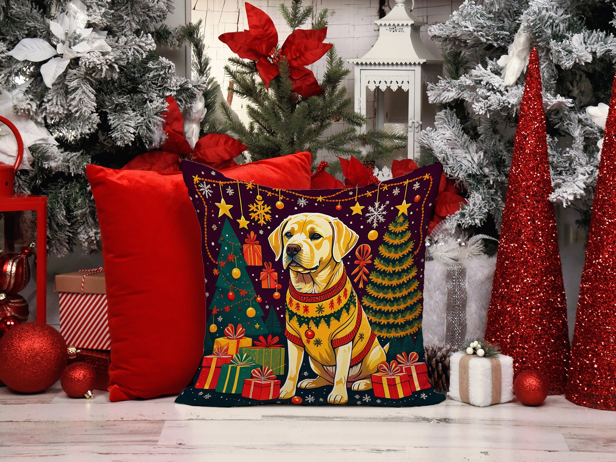Yellow Labrador Retriever Christmas Decorative Throw Pillow 18x18 Indoor Outdoor Accent Cushion, Fabric Cover with Insert for Sofa, Bed, Porch & Living Room