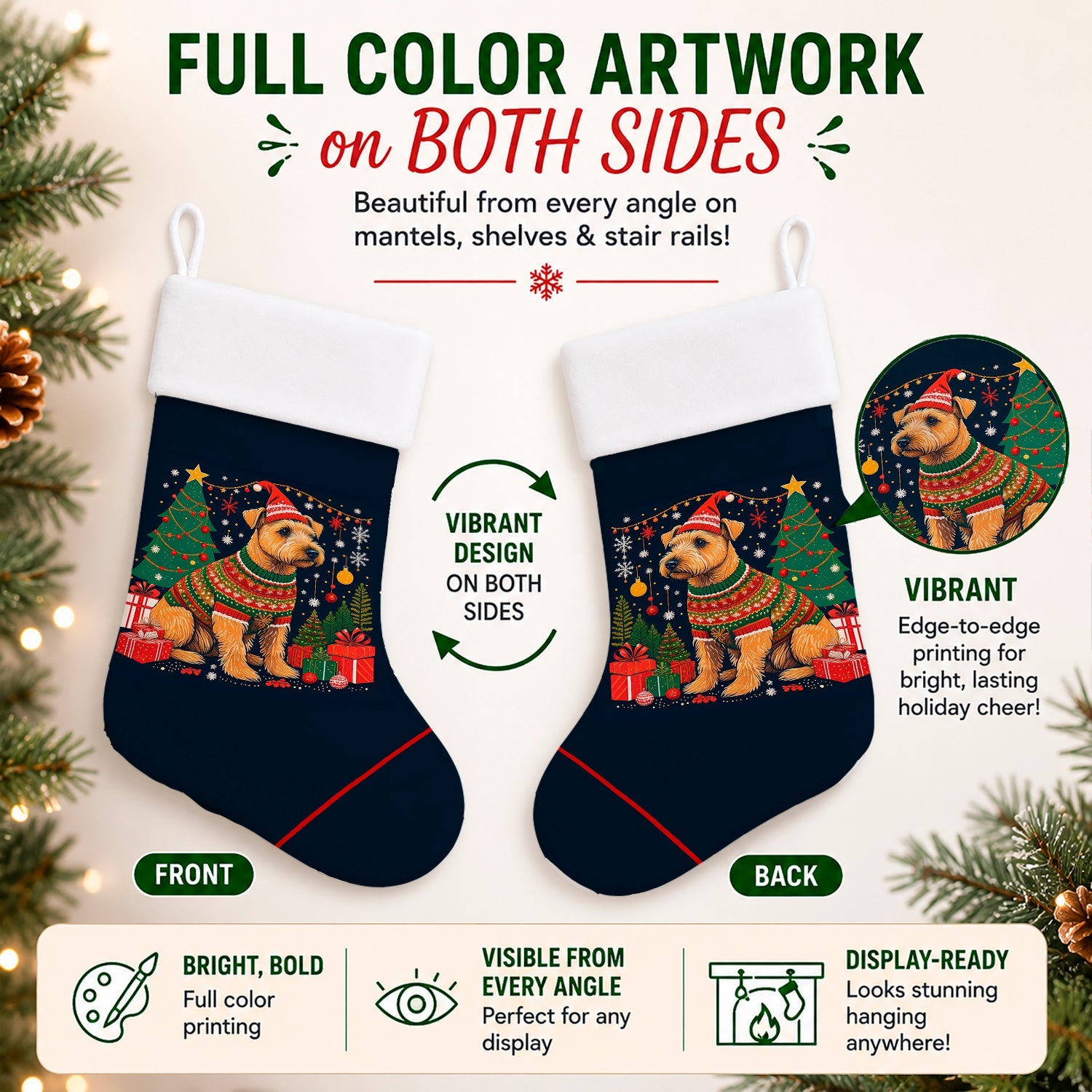 Lakeland Terrier Christmas Holiday Stocking Double-Sided Print, Polyester Suede,11x18, Made in USA