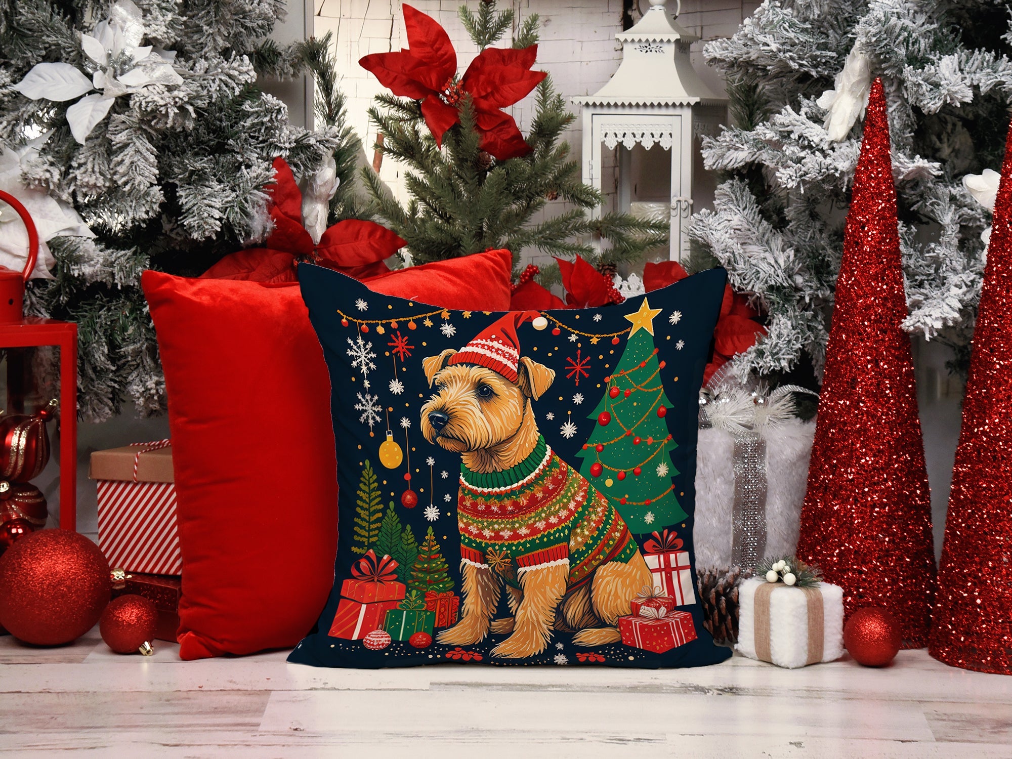 Lakeland Terrier Christmas Decorative Throw Pillow 18x18 Indoor Outdoor Accent Cushion, Fabric Cover with Insert for Sofa, Bed, Porch & Living Room