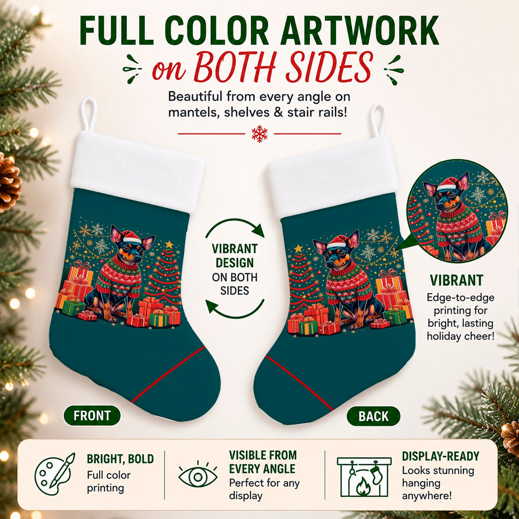 Miniature Pinscher Christmas Holiday Stocking Double-Sided Print, Polyester Suede,11x18, Made in USA