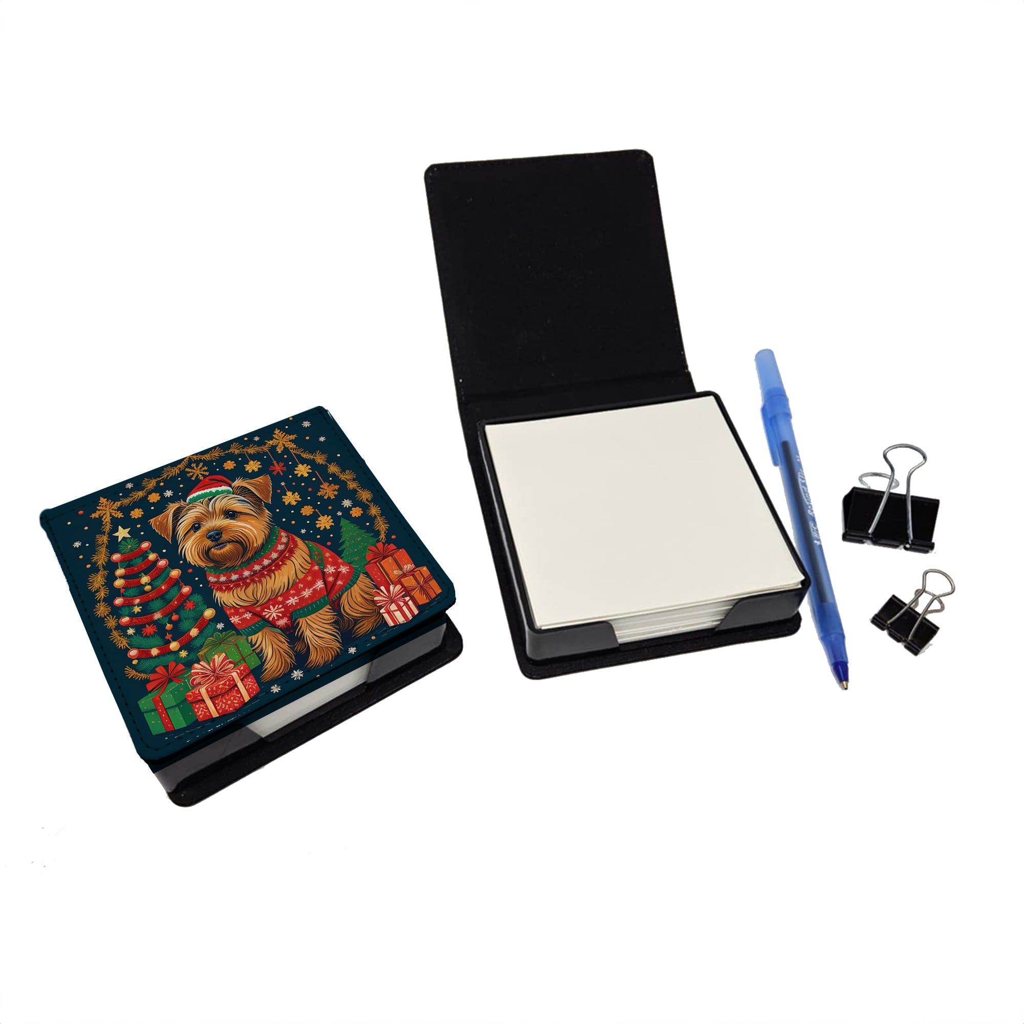 Norfolk Terrier Christmas PU Leather Note Paper Holder with Artist-Designed Cover, Desk Accessory, Office Gift