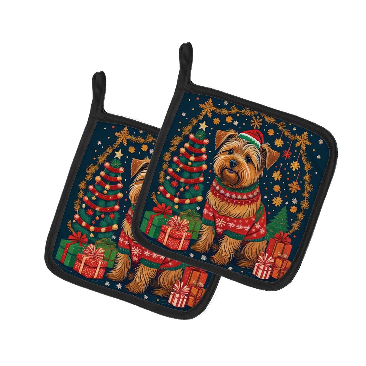 Norfolk Terrier Christmas Pot Holder Set of 2 Heat Resistant Quilted Hot Pads 7.5 x 7.5 Inch, Insulated Kitchen Trivets for Cooking & Baking