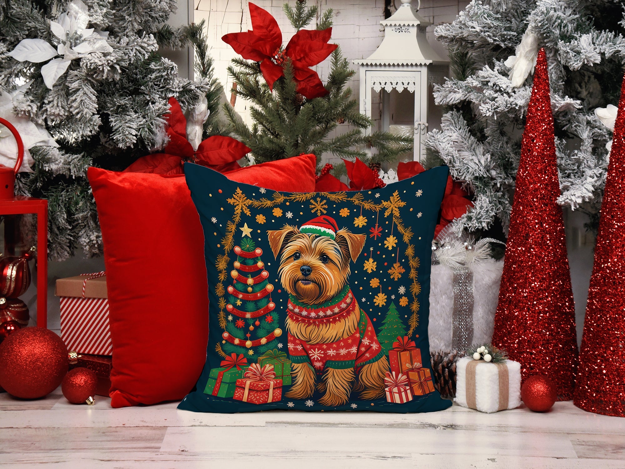 Norfolk Terrier Christmas Decorative Throw Pillow 14x14 Indoor Outdoor Accent Cushion, Fabric Cover with Insert for Sofa, Bed, Porch & Living Room
