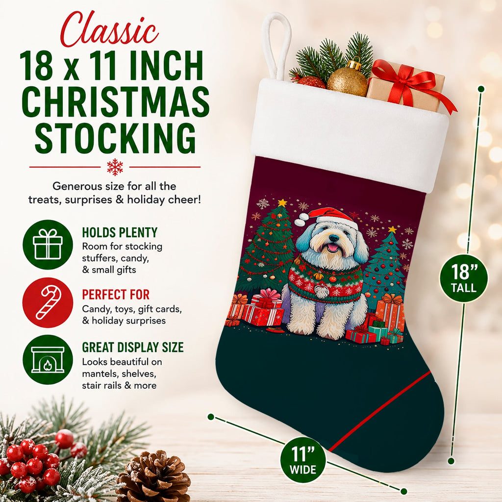 Old English Sheepdog Christmas Holiday Stocking Double-Sided Print, Polyester Suede,11x18, Made in USA