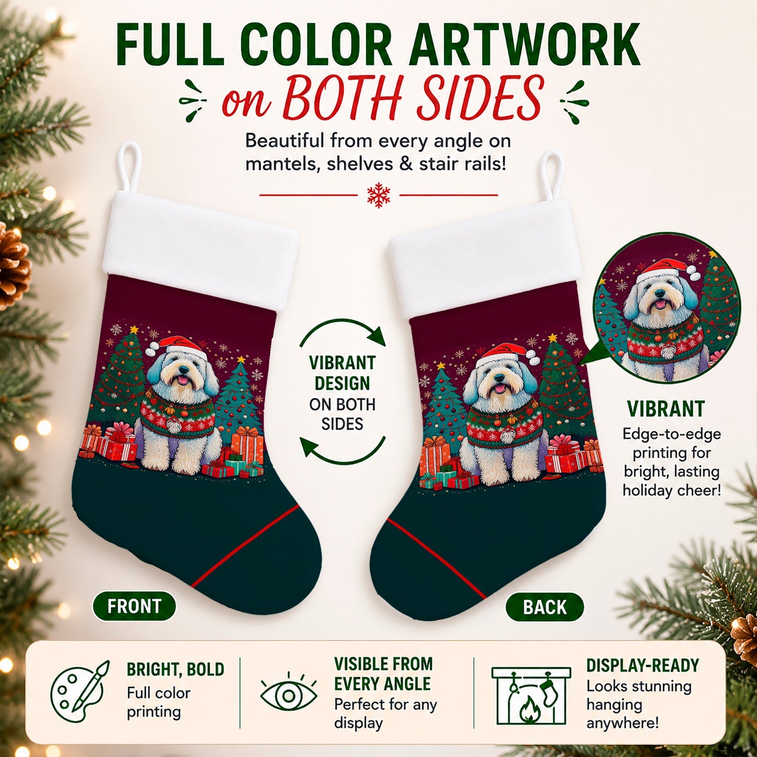 Old English Sheepdog Christmas Holiday Stocking Double-Sided Print, Polyester Suede,11x18, Made in USA
