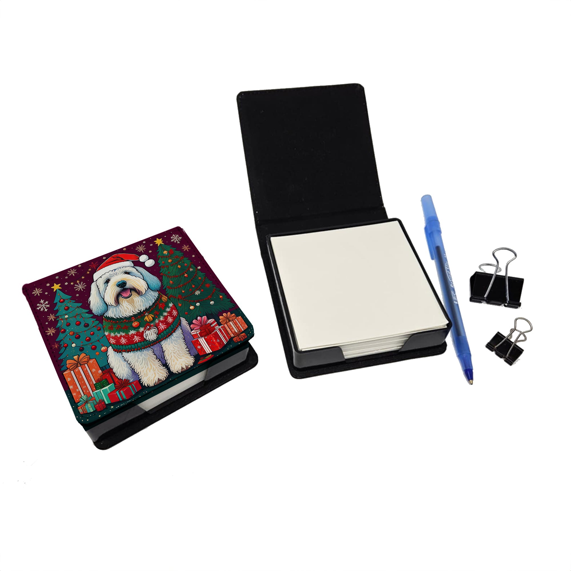 Old English Sheepdog Christmas PU Leather Note Paper Holder with Artist-Designed Cover, Desk Accessory, Office Gift
