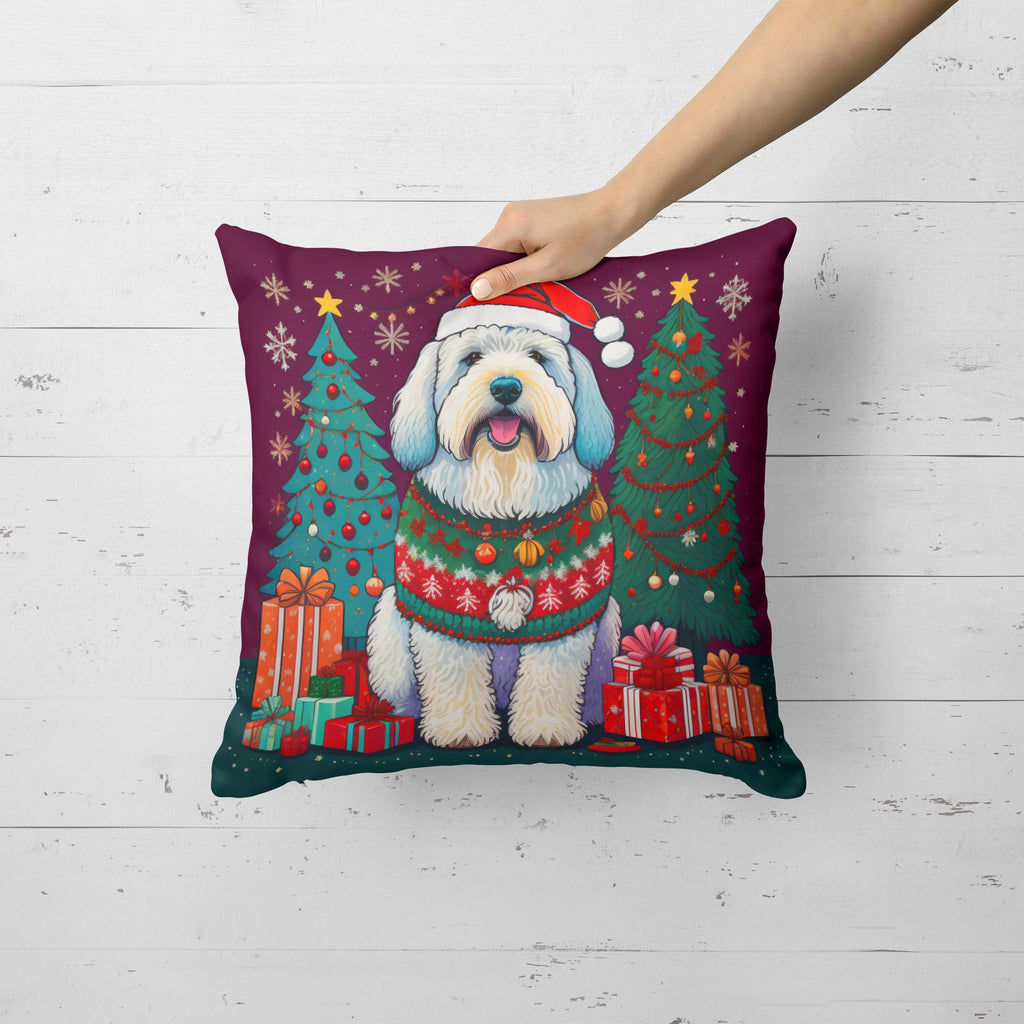 Old English Sheepdog Christmas Decorative Throw Pillow 14x14 Indoor Outdoor Accent Cushion, Fabric Cover with Insert for Sofa, Bed, Porch & Living Room