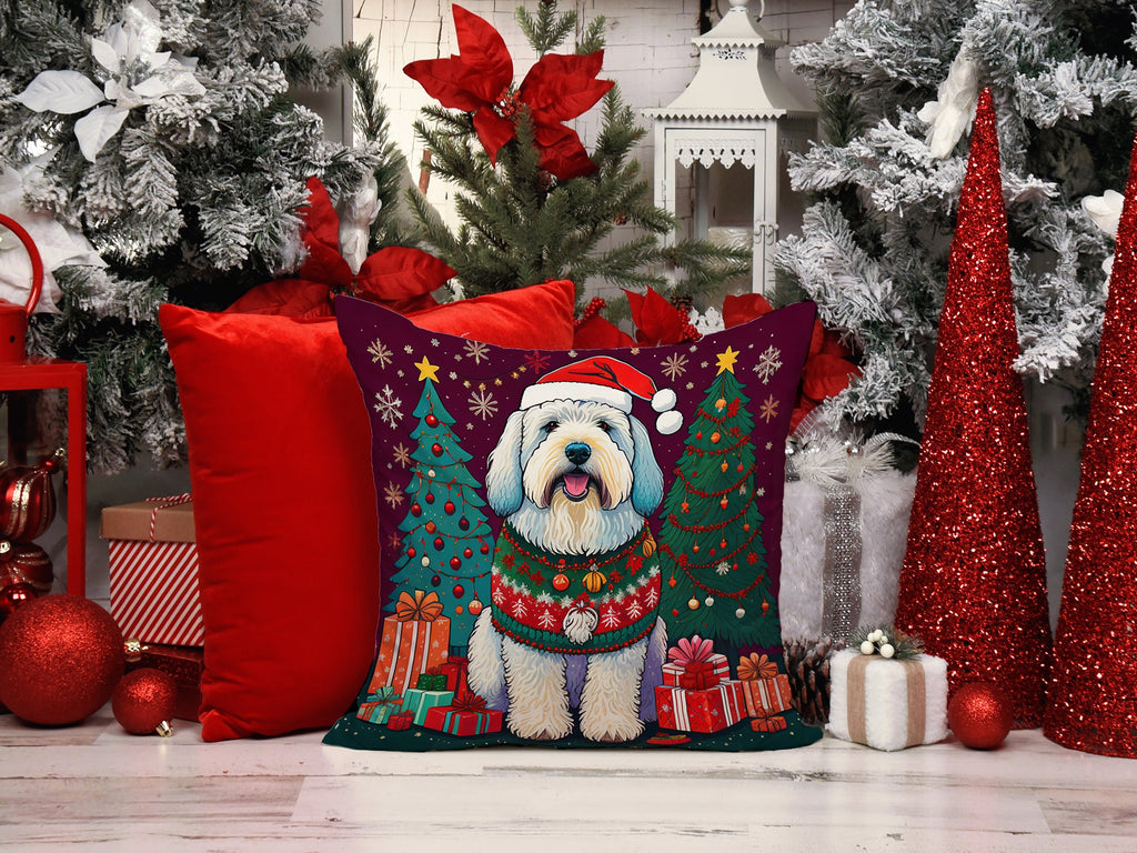 Old English Sheepdog Christmas Decorative Throw Pillow 18x18 Indoor Outdoor Accent Cushion, Fabric Cover with Insert for Sofa, Bed, Porch & Living Room