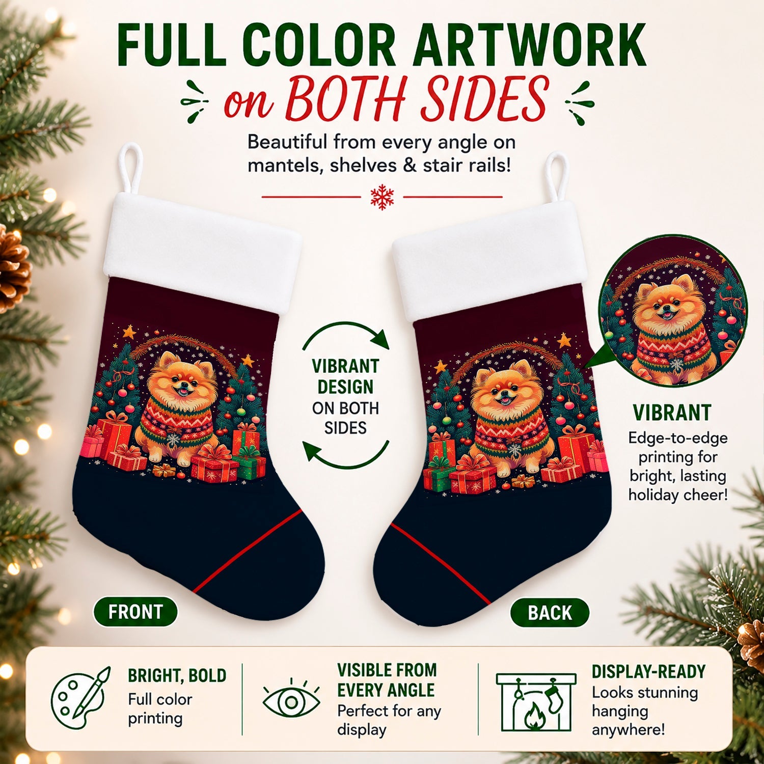 Pomeranian Christmas Holiday Stocking Double-Sided Print, Polyester Suede,11x18, Made in USA