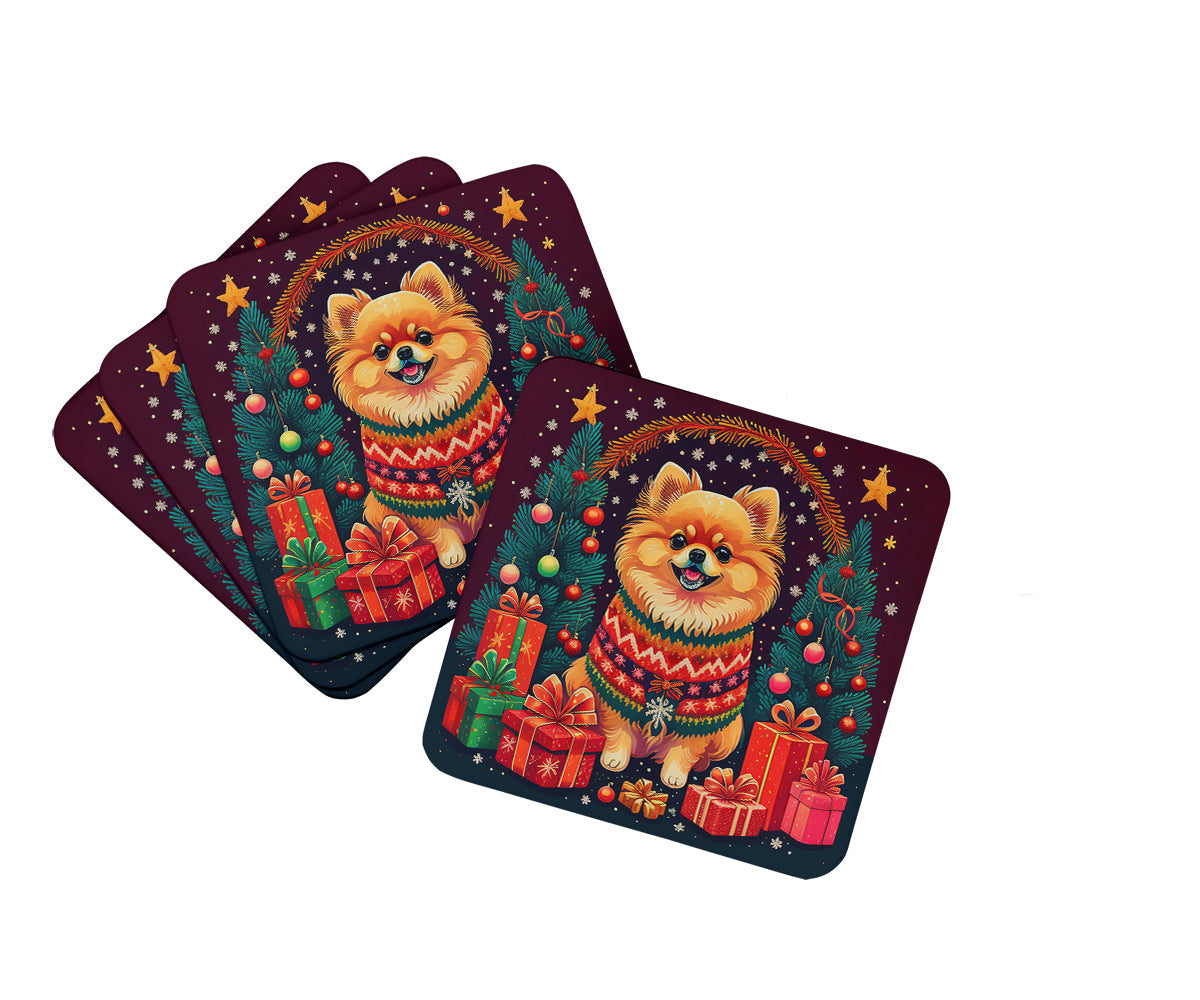 Pomeranian Christmas Foam Coasters Set of 4 Cup Coasters for Indoor Outdoor, Tabletop Protection, Anti Slip, Mouse pad Material