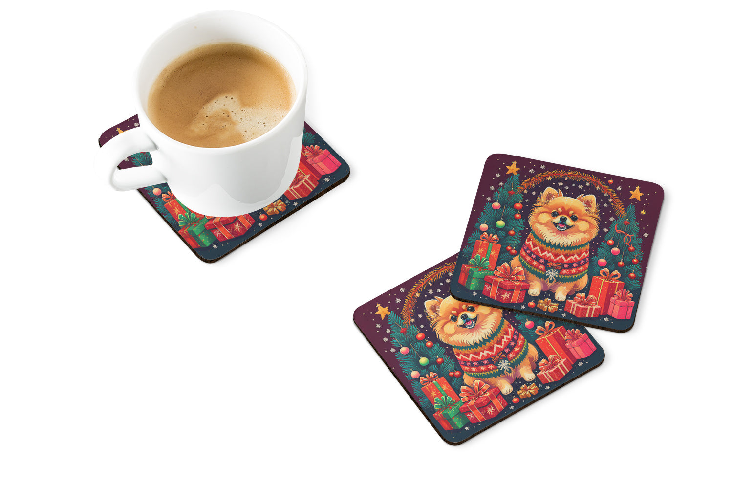 Pomeranian Christmas Foam Coasters Set of 4 Cup Coasters for Indoor Outdoor, Tabletop Protection, Anti Slip, Mouse pad Material