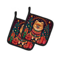 Pomeranian Christmas Pot Holder Set of 2 Heat Resistant Quilted Hot Pads 7.5 x 7.5 Inch, Insulated Kitchen Trivets for Cooking & Baking