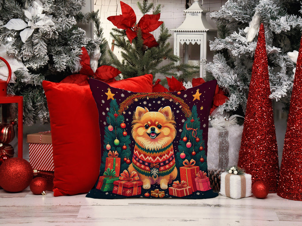 Pomeranian Christmas Decorative Throw Pillow 14x14 Indoor Outdoor Accent Cushion, Fabric Cover with Insert for Sofa, Bed, Porch & Living Room