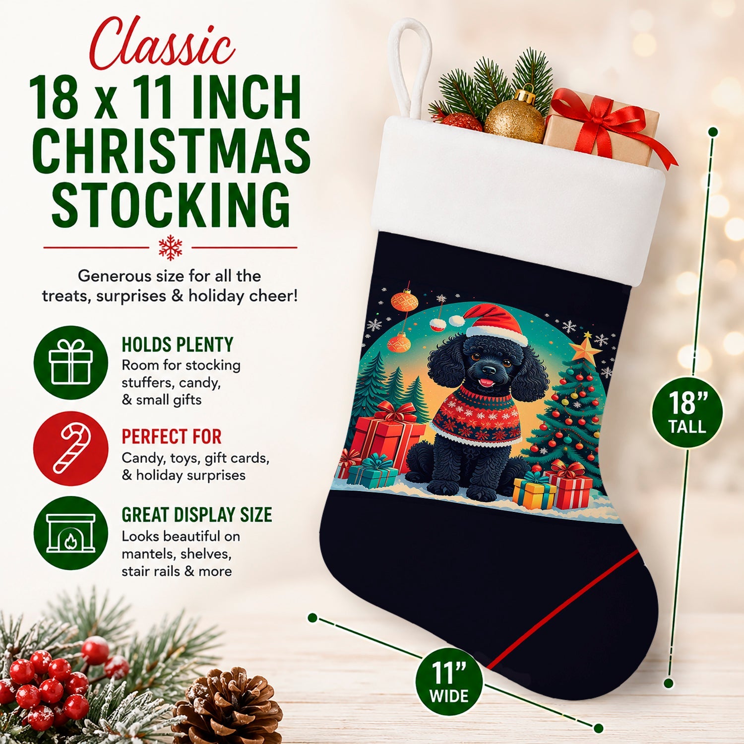 Black Toy Poodle Christmas Holiday Stocking Double-Sided Print, Polyester Suede,11x18, Made in USA