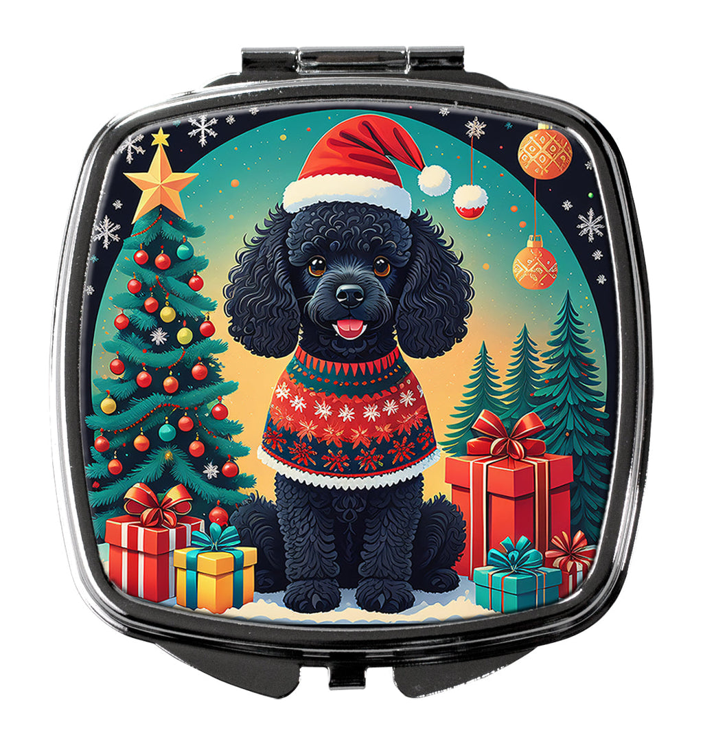 Black Toy Poodle Christmas Compact Mirror Decorative Travel Makeup Mirror for Women Girls Gifts Pocket Makeup Mirror Folding Handheld