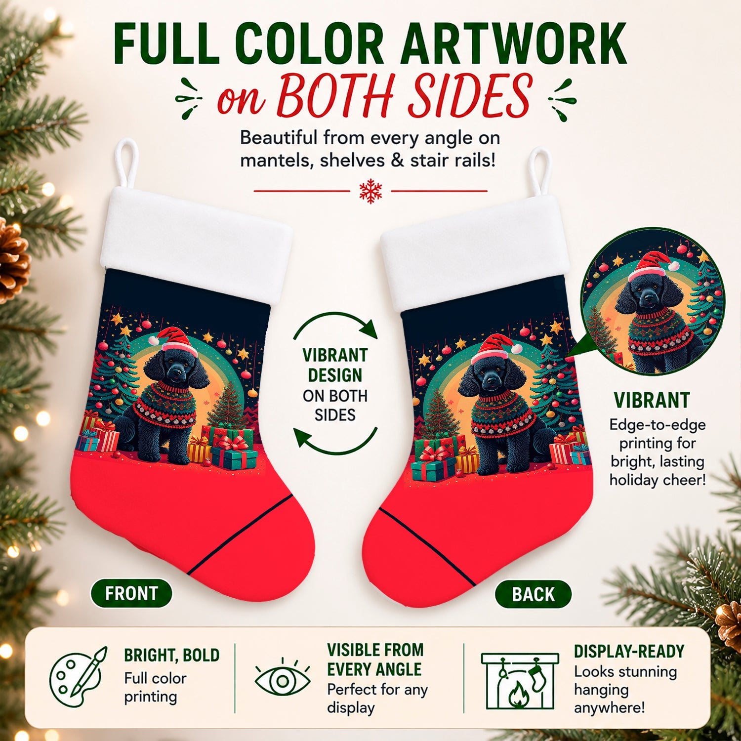 Black  Poodle Christmas Holiday Stocking Double-Sided Print, Polyester Suede,11x18, Made in USA