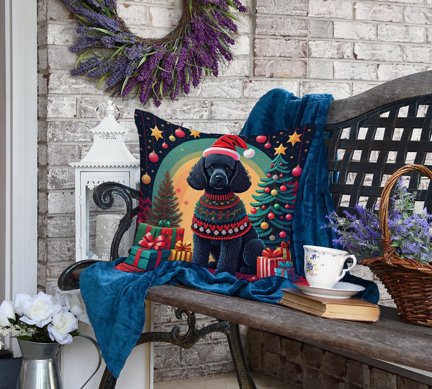 Black  Poodle Christmas Decorative Throw Pillow 18x18 Indoor Outdoor Accent Cushion, Fabric Cover with Insert for Sofa, Bed, Porch & Living Room