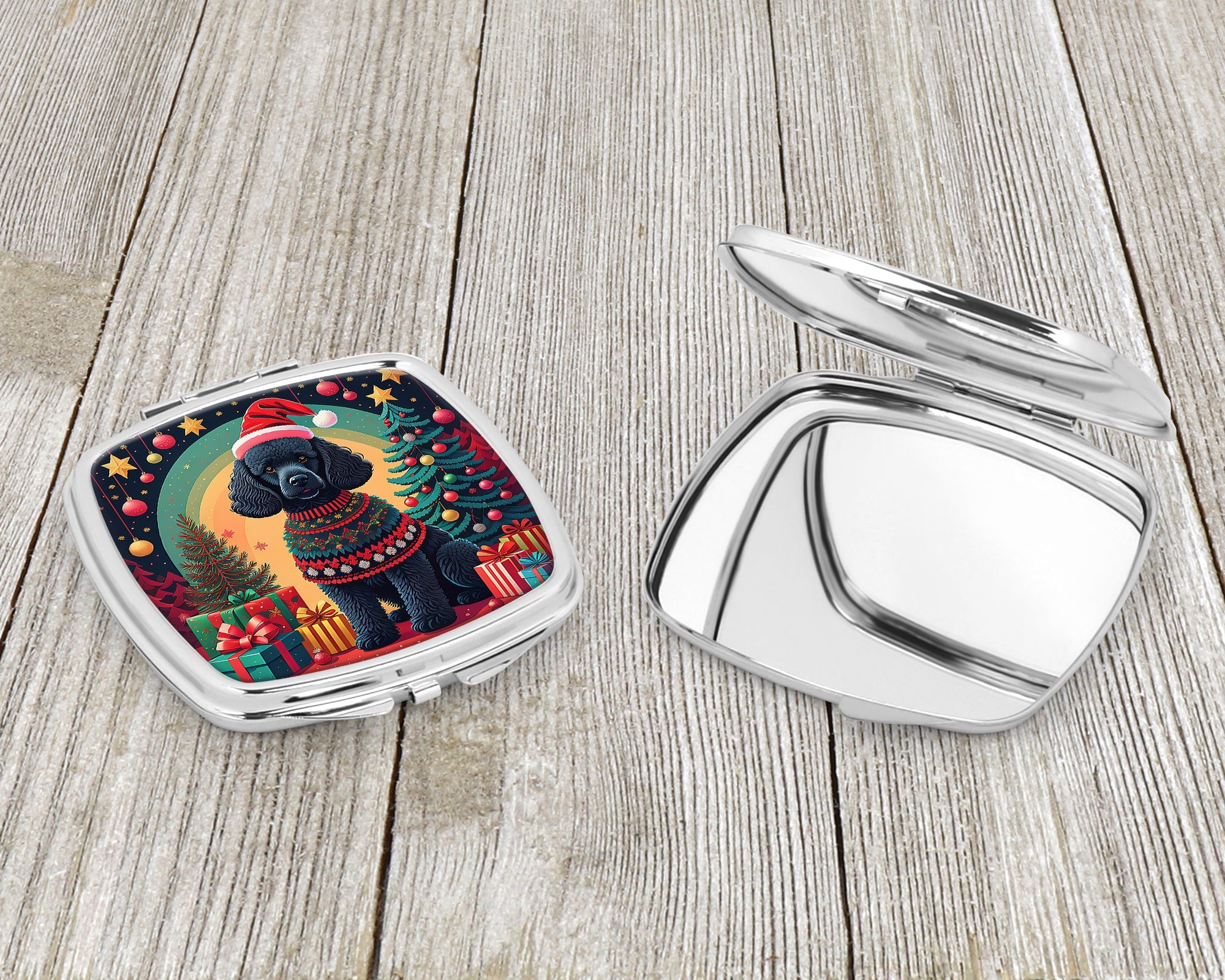 Black  Poodle Christmas Compact Mirror Decorative Travel Makeup Mirror for Women Girls Gifts Pocket Makeup Mirror Folding Handheld