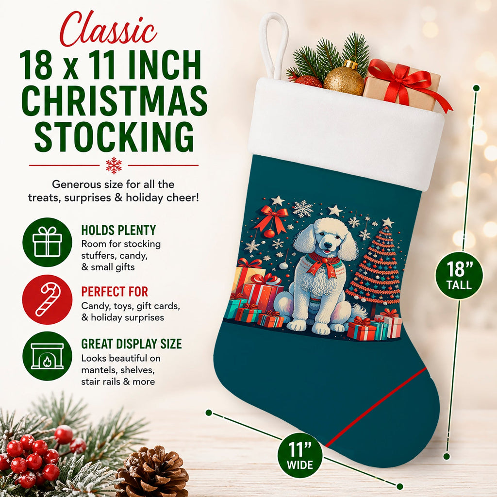 White Poodle Christmas Holiday Stocking Double-Sided Print, Polyester Suede,11x18, Made in USA