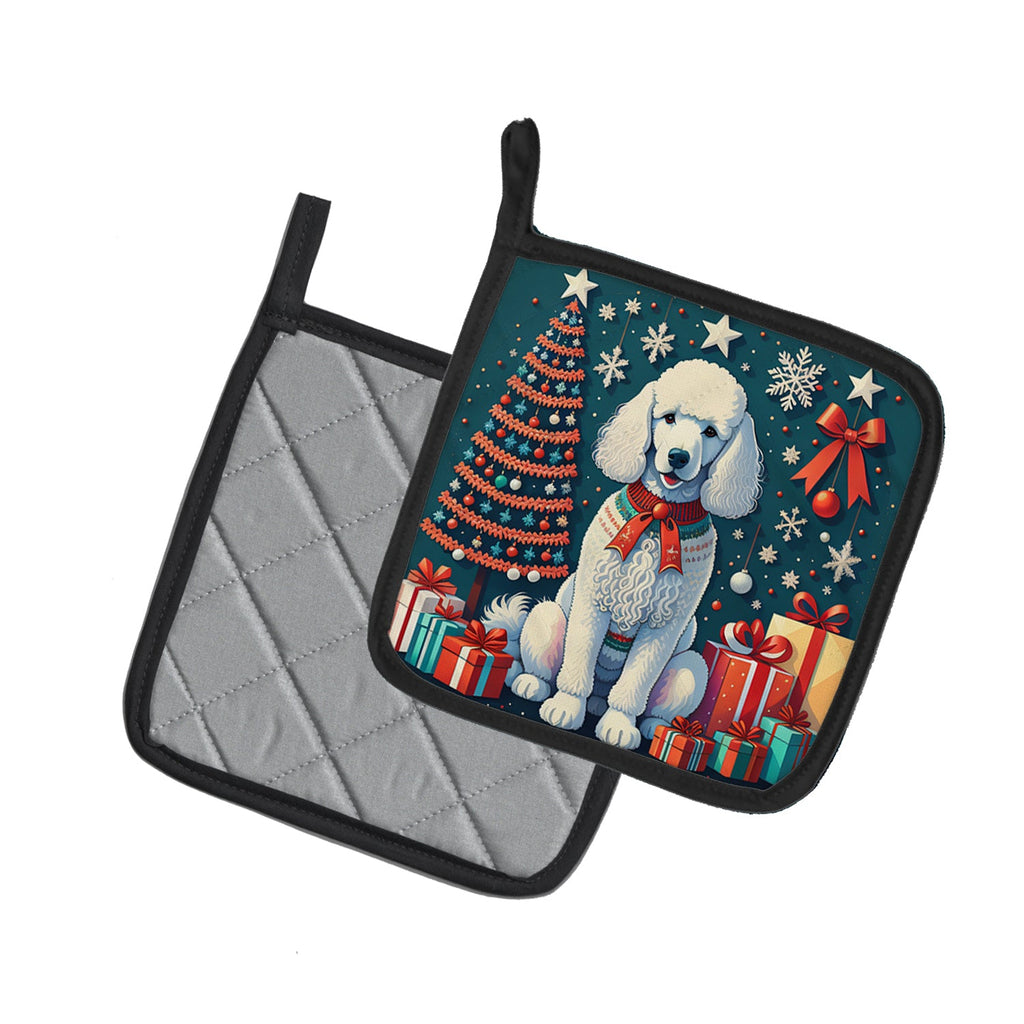 White Poodle Christmas Pot Holder Set of 2 Heat Resistant Quilted Hot Pads 7.5 x 7.5 Inch, Insulated Kitchen Trivets for Cooking & Baking