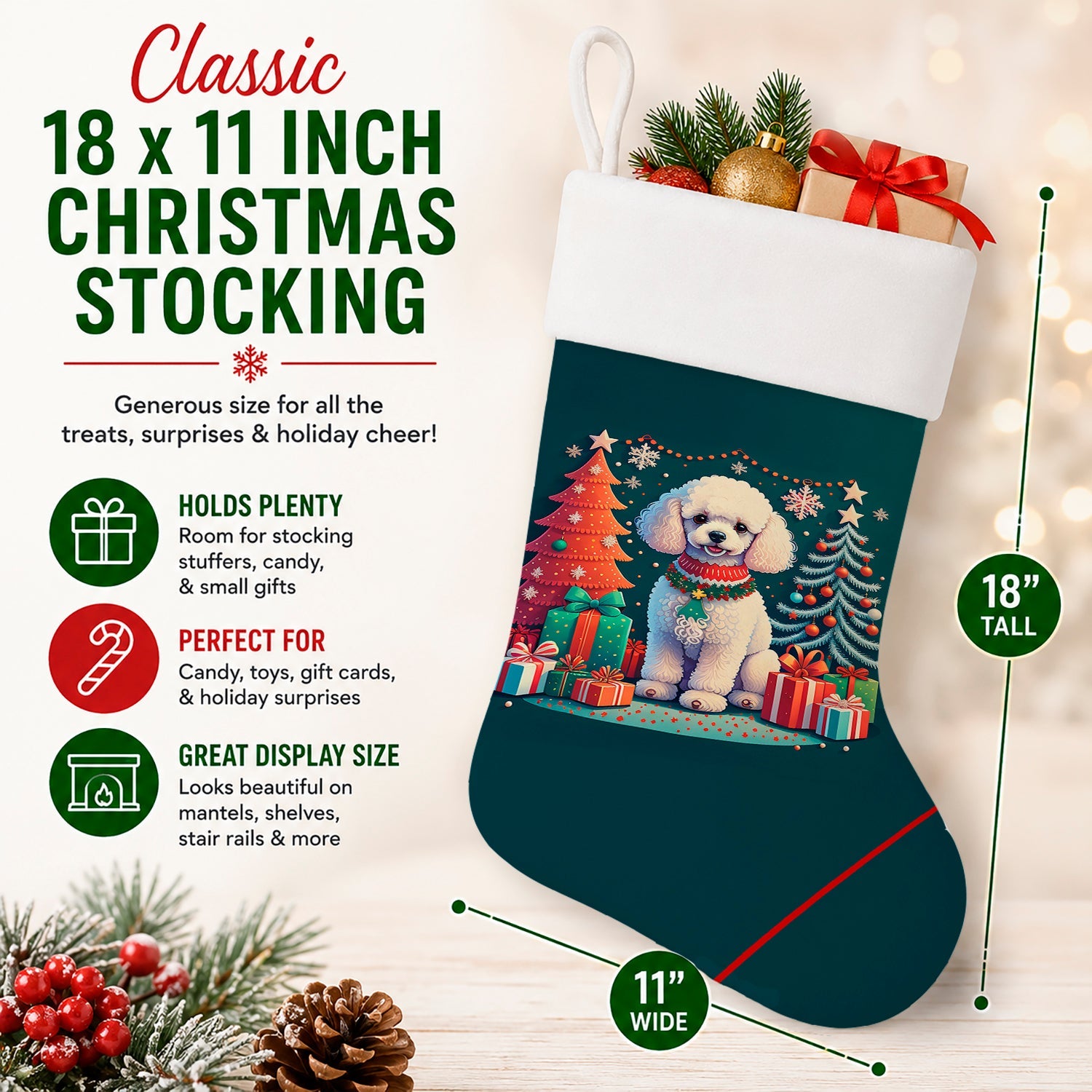 White Toy Poodle Christmas Holiday Stocking Double-Sided Print, Polyester Suede,11x18, Made in USA